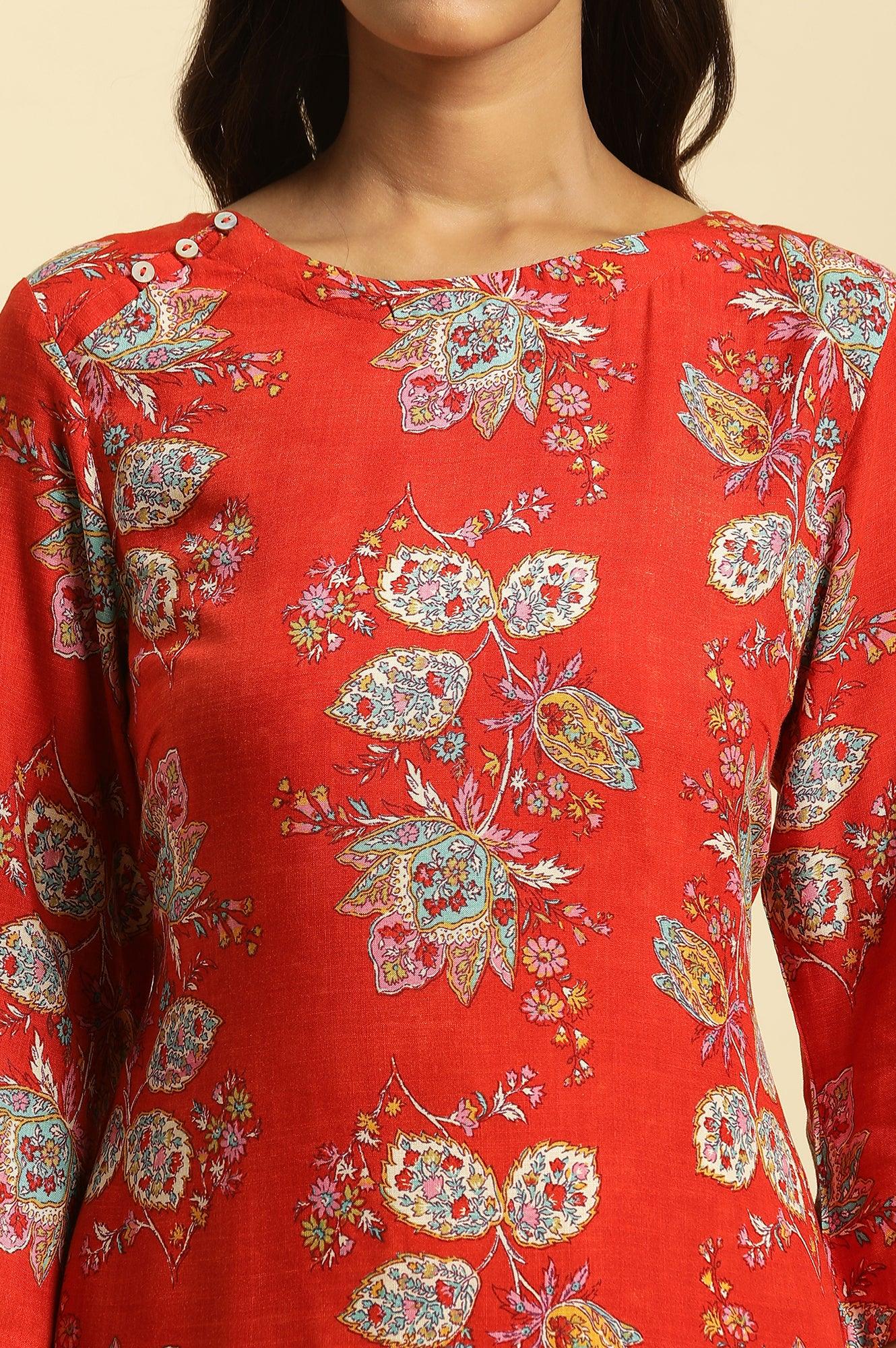 Red Floral Printed Straight Kurta And Straight Pants Co-Ord Set - Image 6