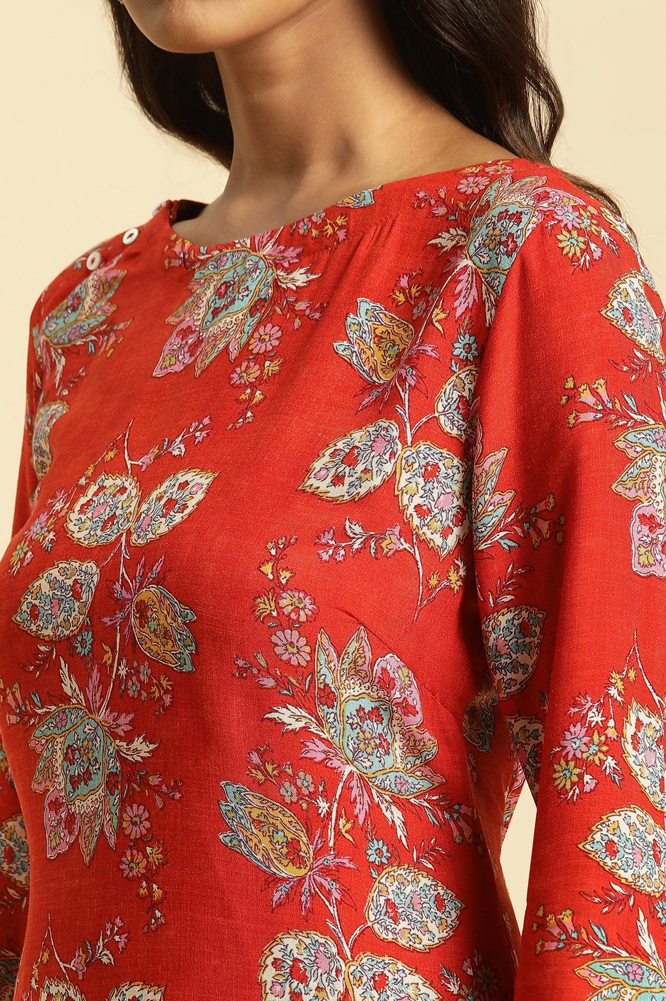 Red Floral Printed Straight Kurta And Straight Pants Co-Ord Set - Image 7