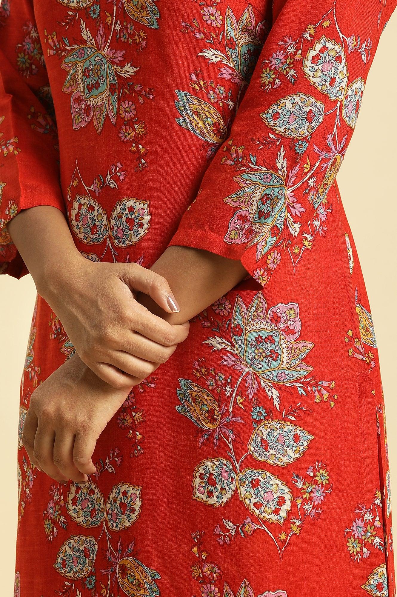 Red Floral Printed Straight Kurta And Straight Pants Co-Ord Set - Image 8