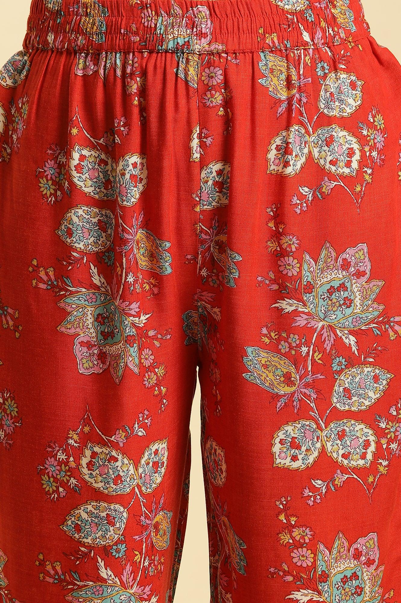 Red Floral Printed Straight Kurta And Straight Pants Co-Ord Set - Image 9