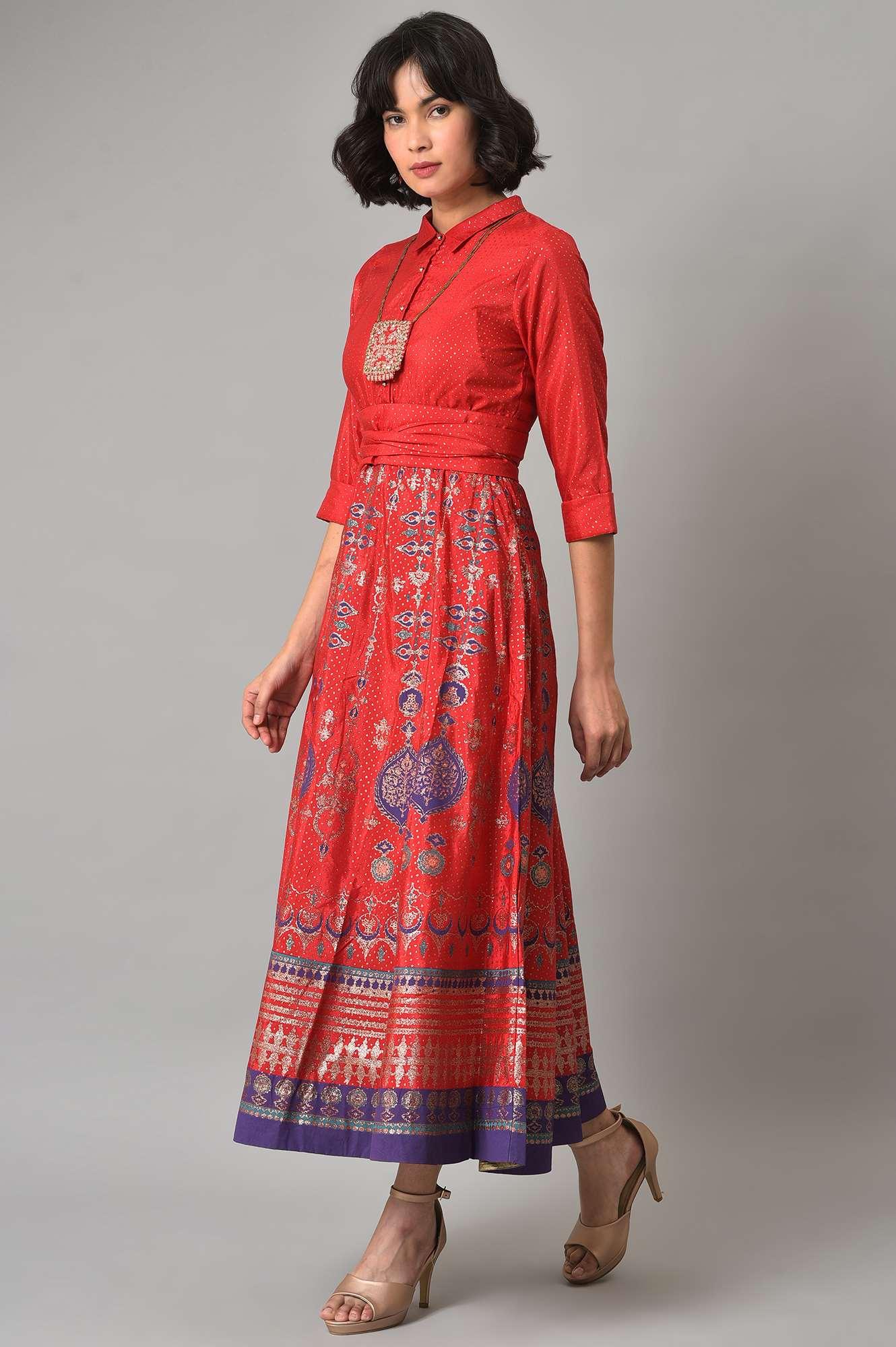 Red Glitter Printed Festive Shirt Dress With Placket - Image 3