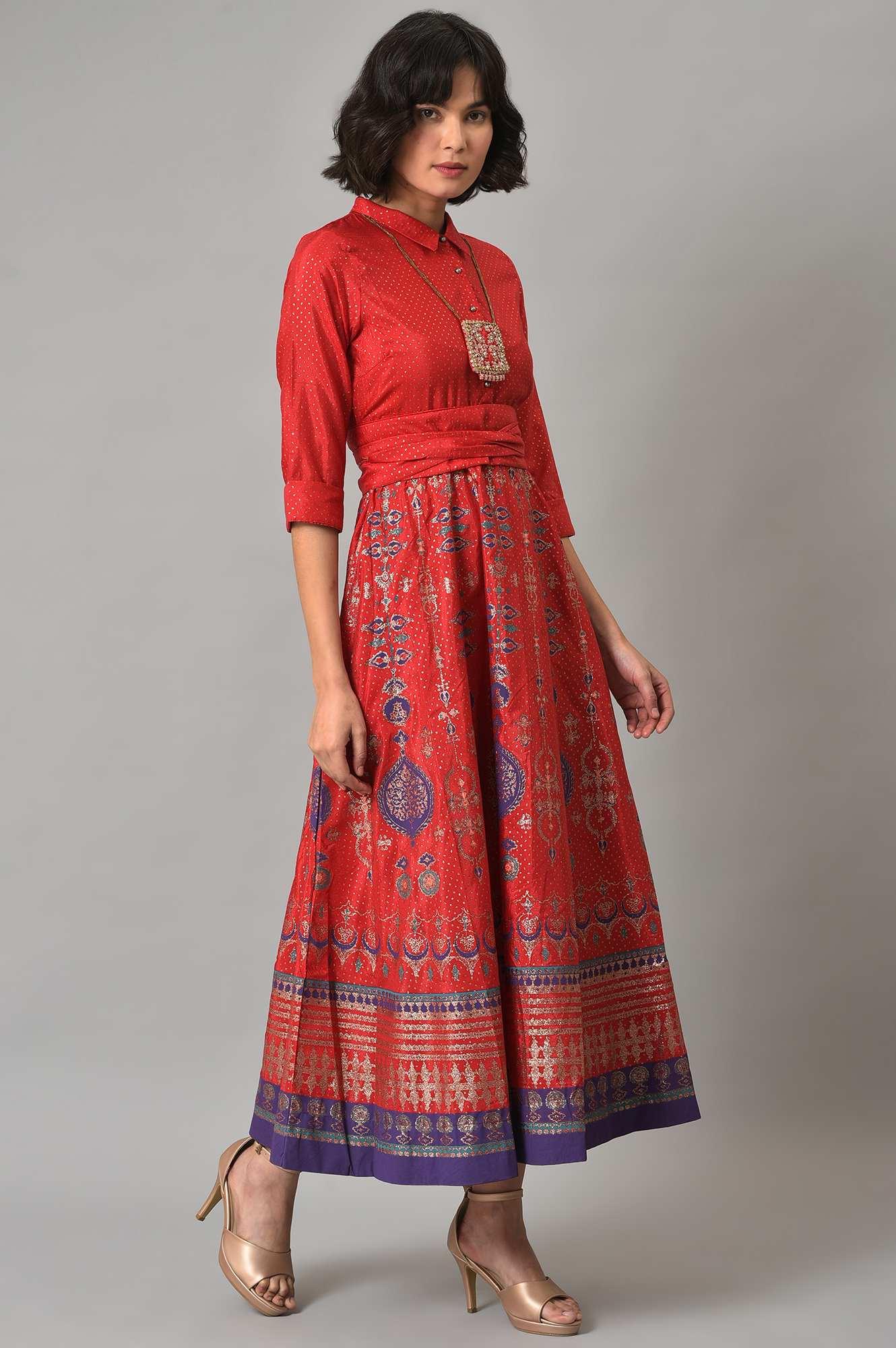 Red Glitter Printed Festive Shirt Dress With Placket - Image 4