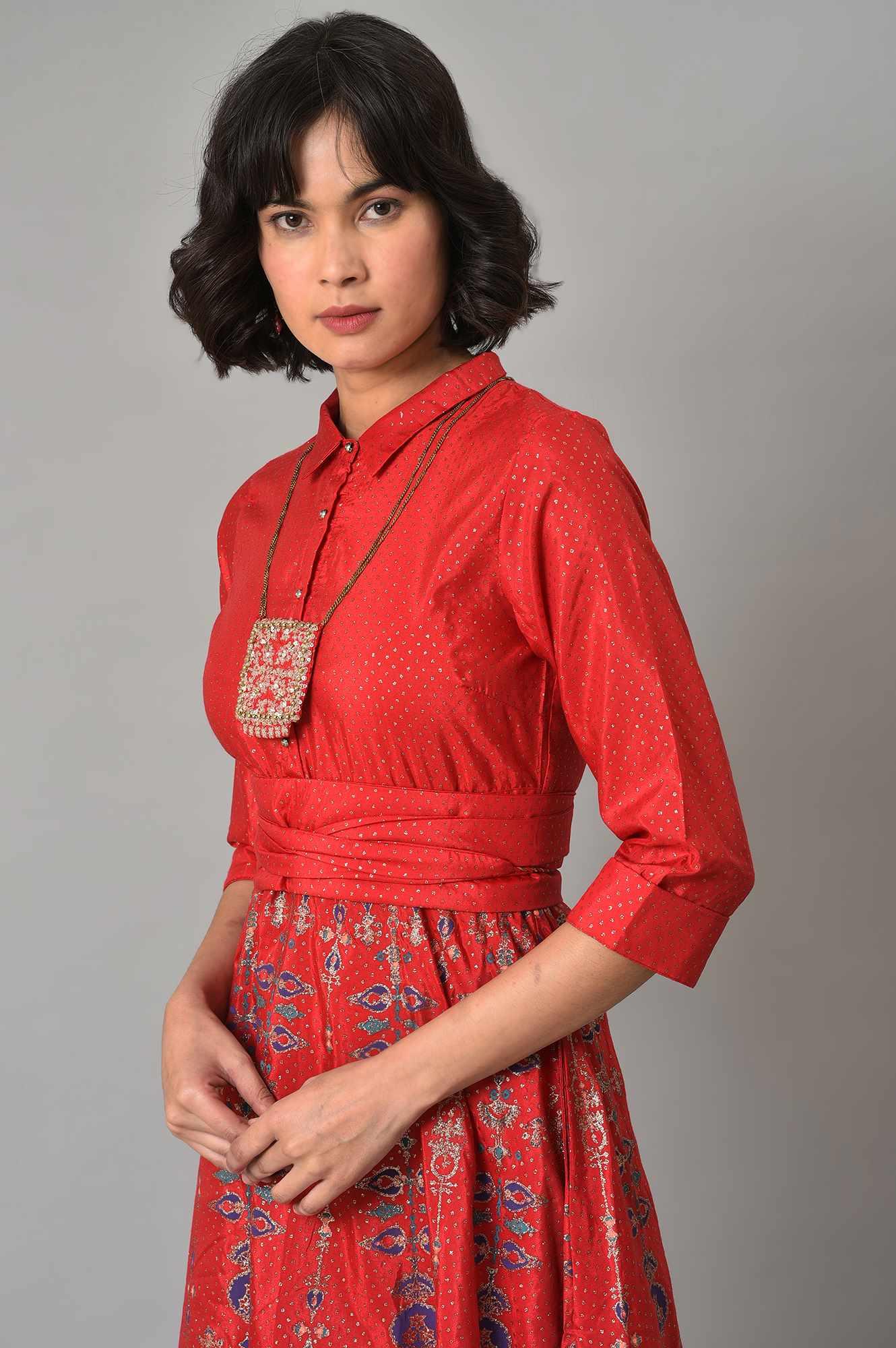 Red Glitter Printed Festive Shirt Dress With Placket - Image 5