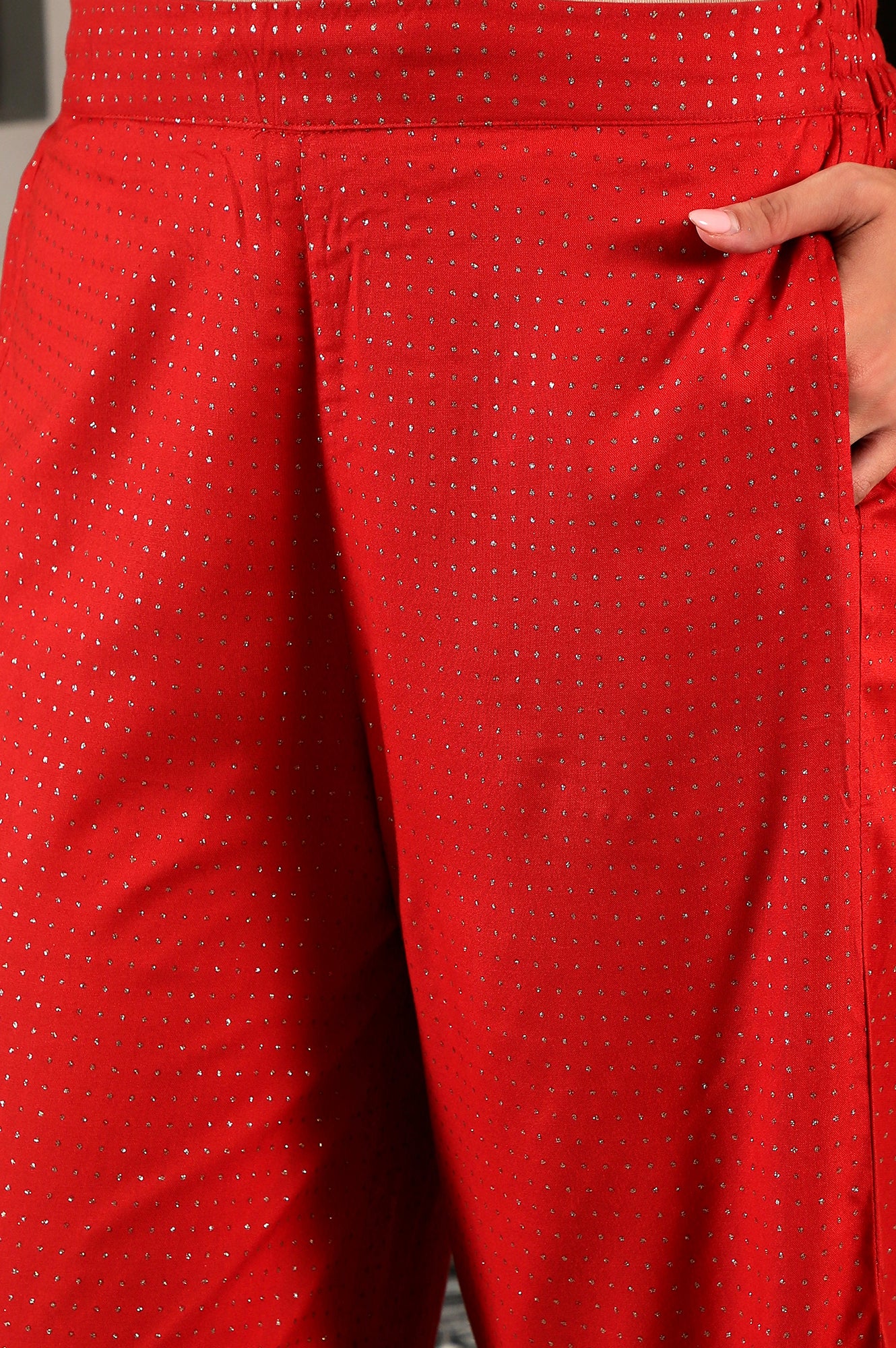 Red Glitter Printed Rayon Parallel Pants - Image 4