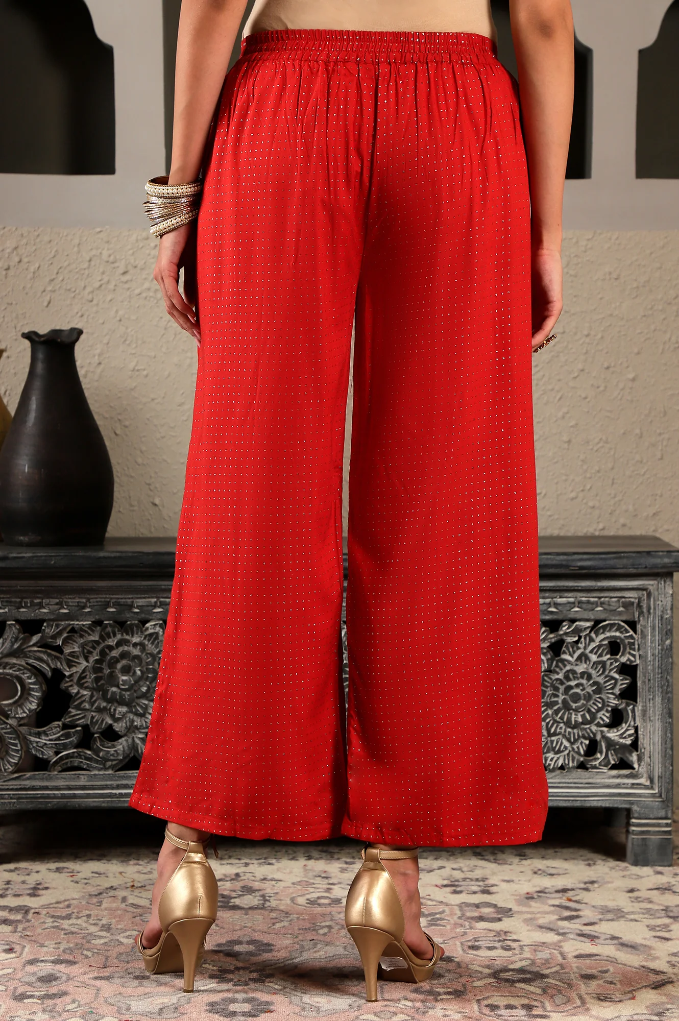 Red Glitter Printed Rayon Parallel Pants - Image 6