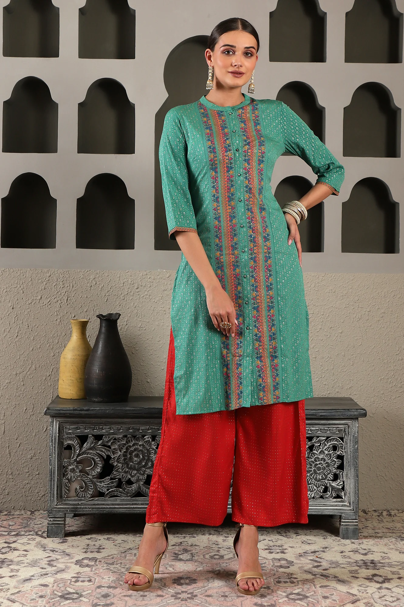 Red Glitter Printed Rayon Parallel Pants - Image 7