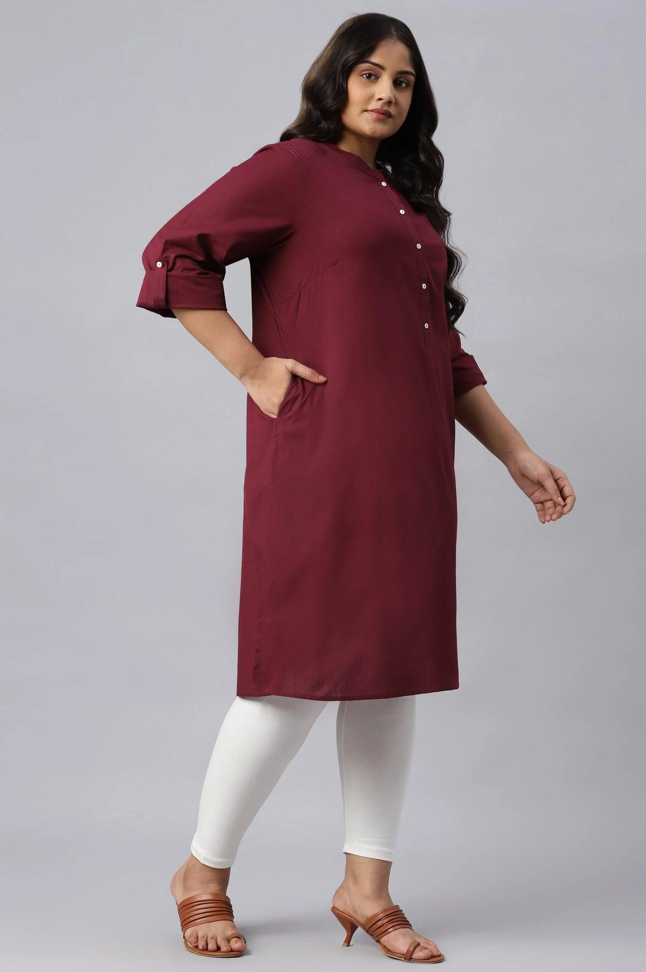 Red Half Placket Plus Size Shirt kurta - Image 4