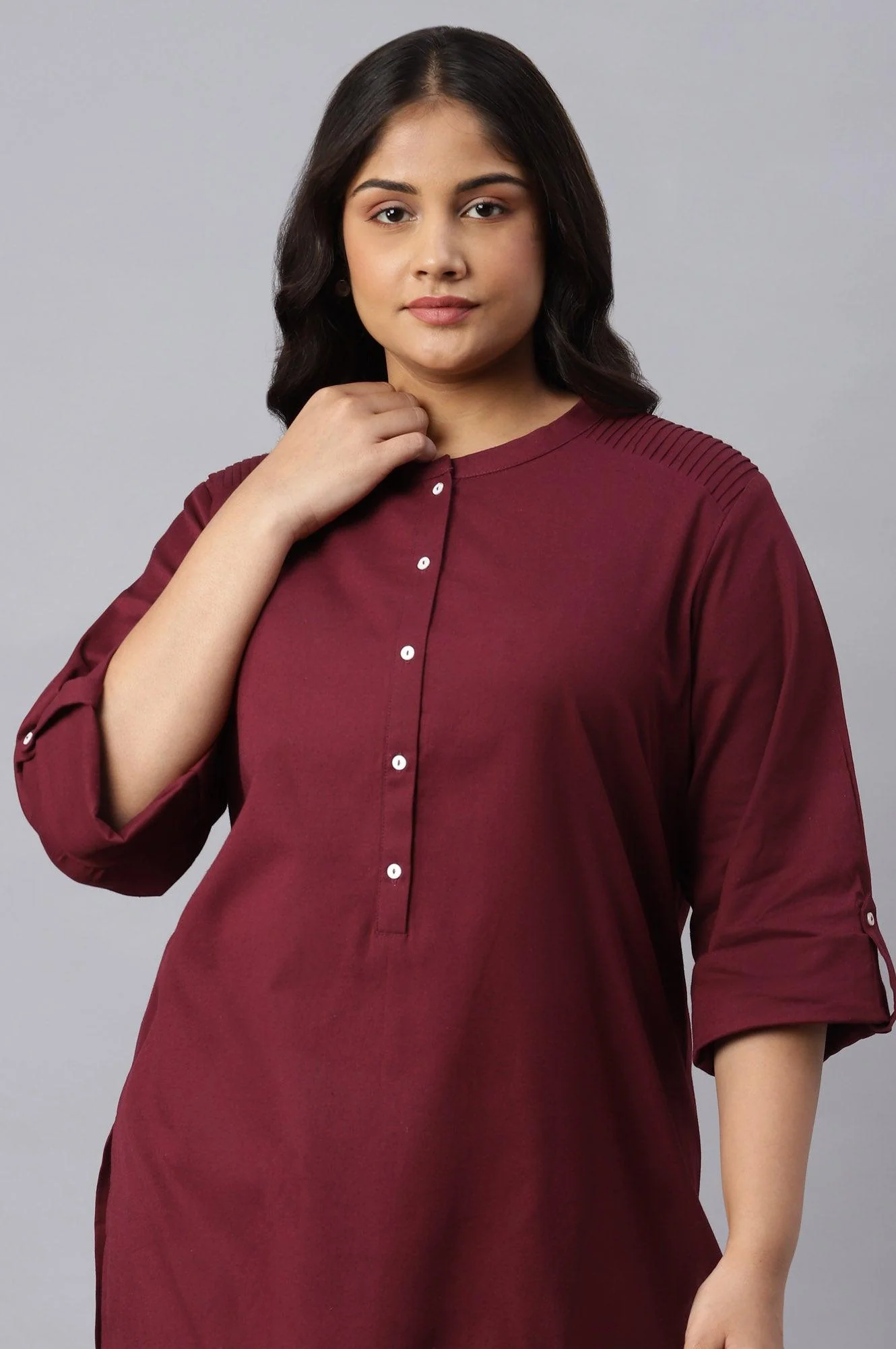 Red Half Placket Plus Size Shirt kurta - Image 5