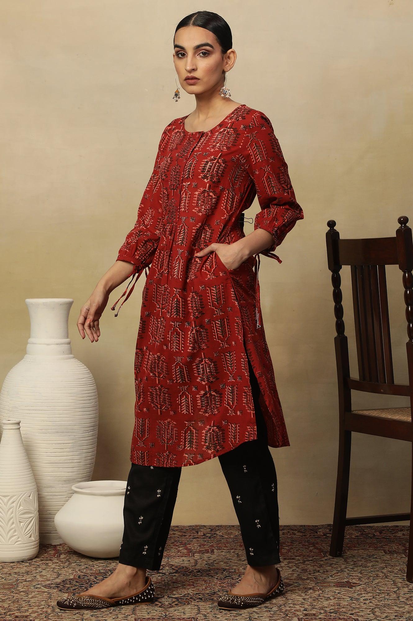 Red Hand Block Printed Slub Kurta - Image 3