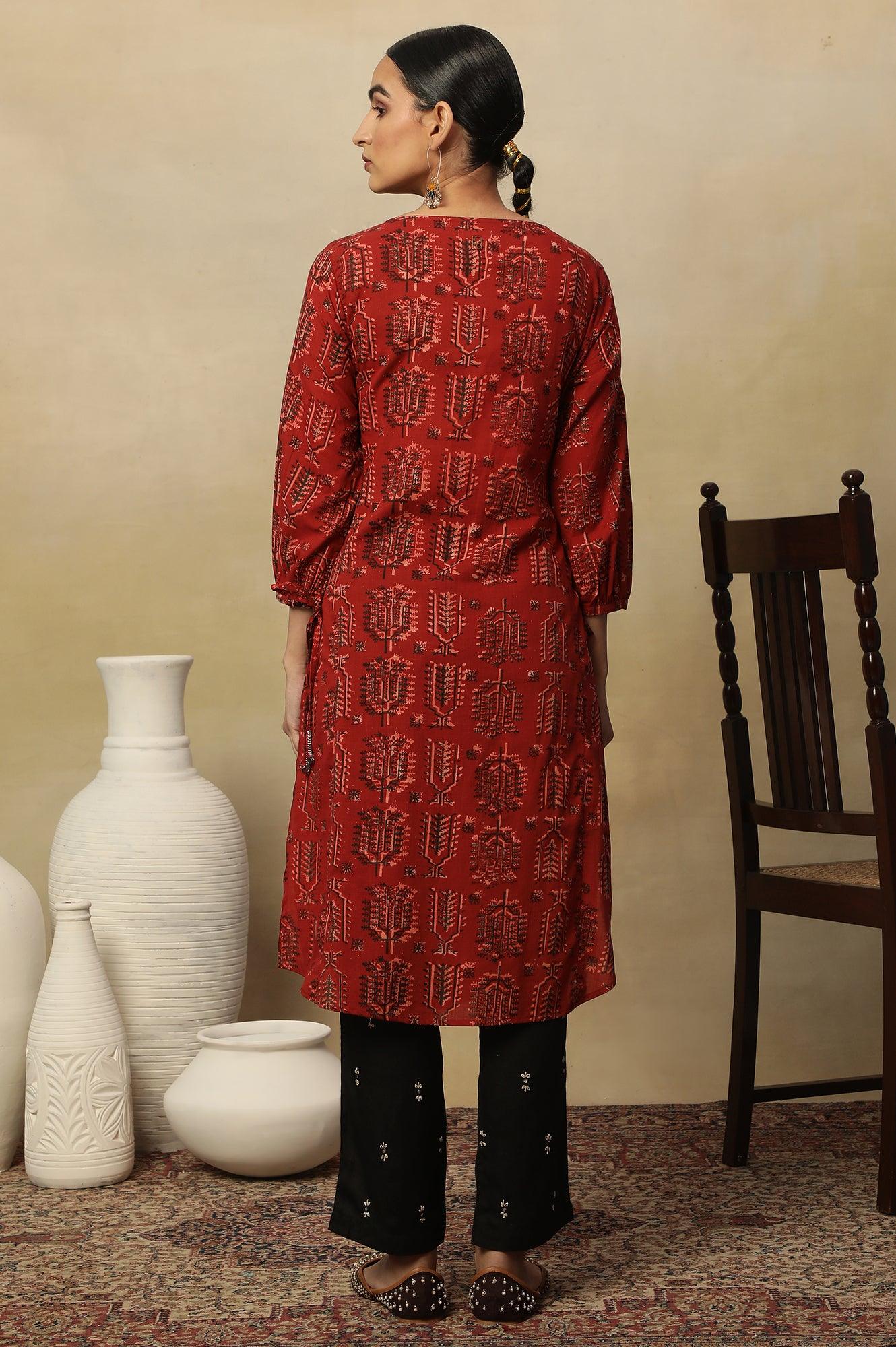 Red Hand Block Printed Slub Kurta - Image 4