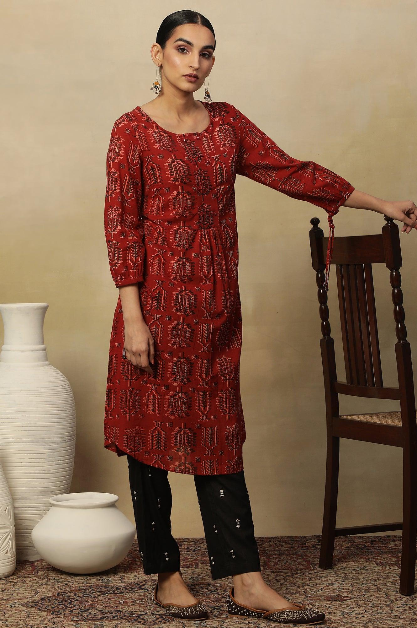 Red Hand Block Printed Slub Kurta - Image 5