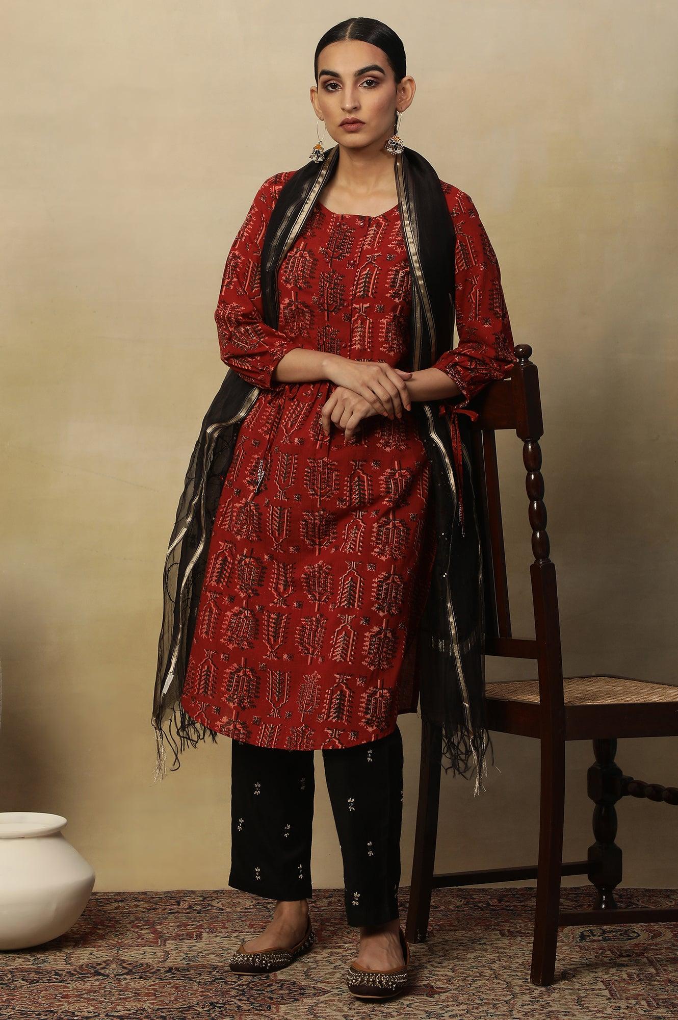 Red Hand Block Printed Slub Kurta - Image 6