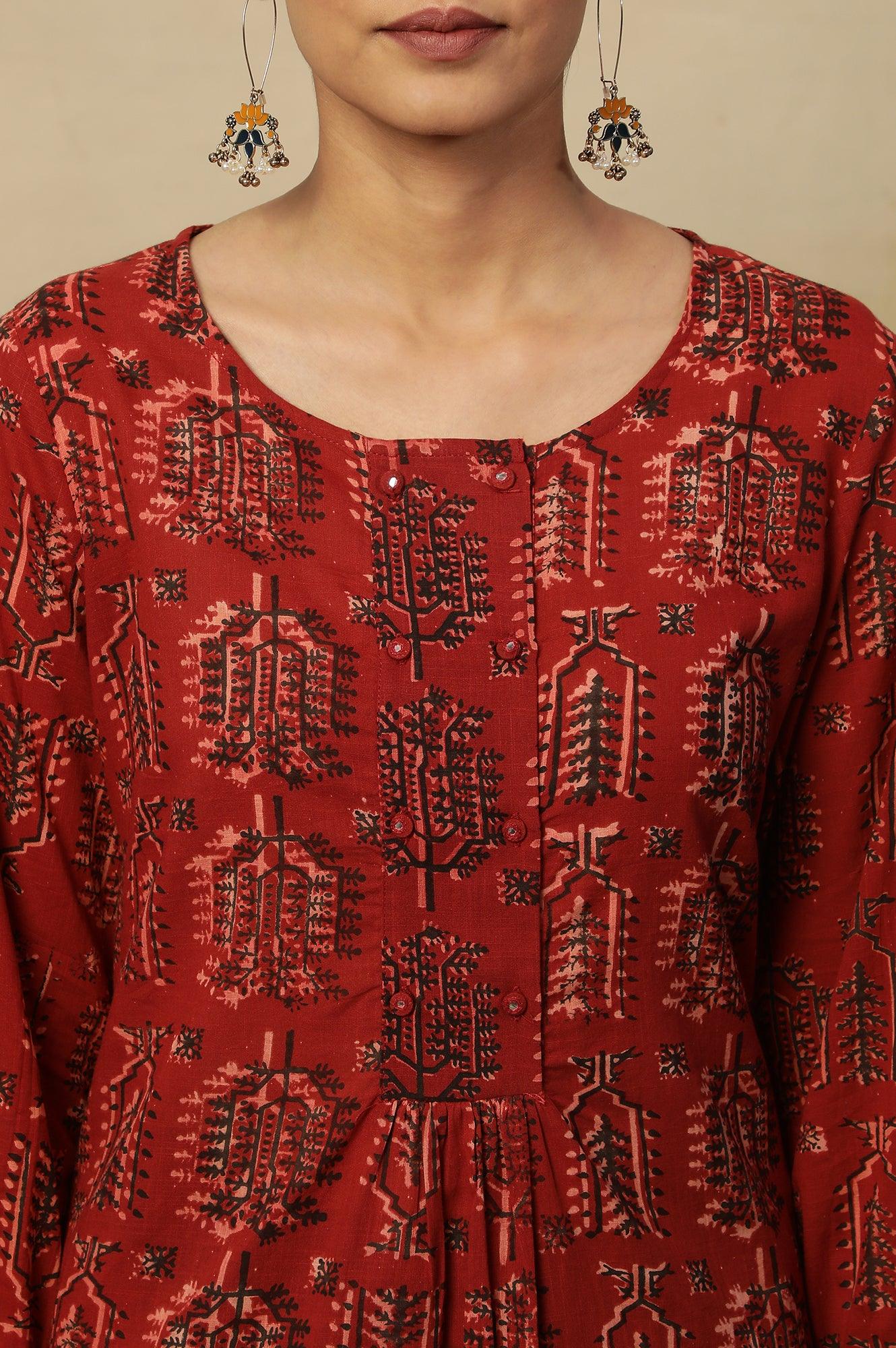 Red Hand Block Printed Slub Kurta - Image 7
