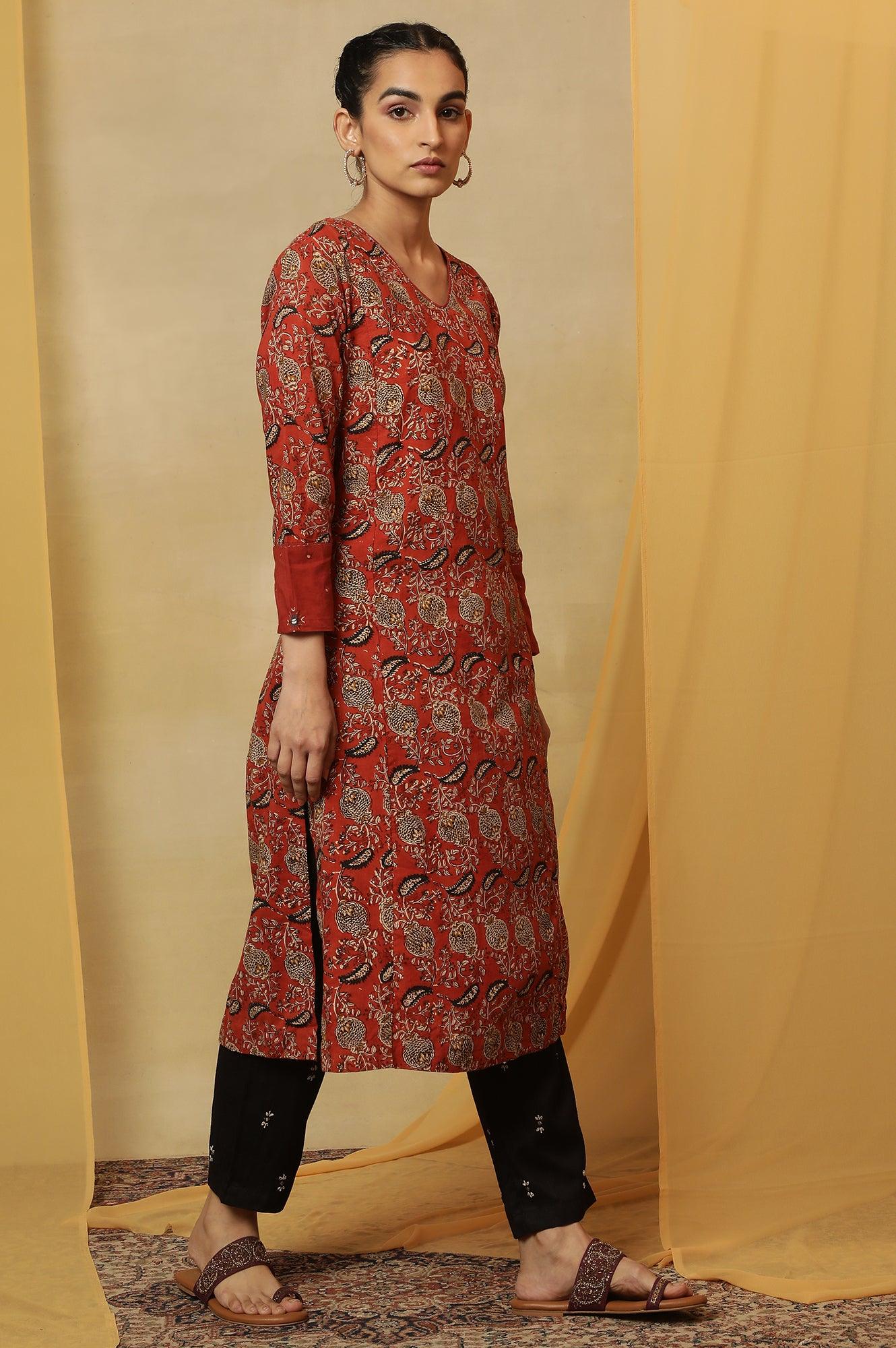 Red Handblock Print V-Neck Kurta - Image 3