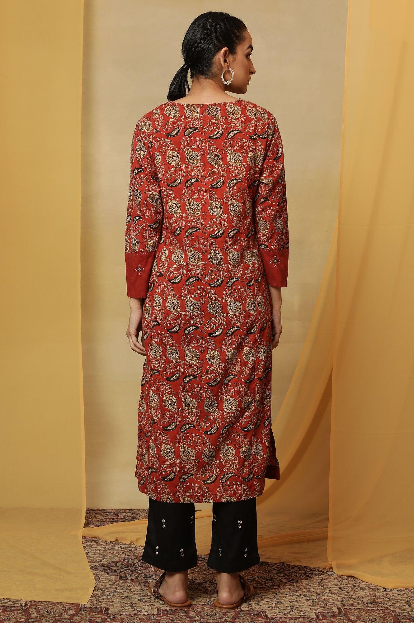 Red Handblock Print V-Neck Kurta - Image 4