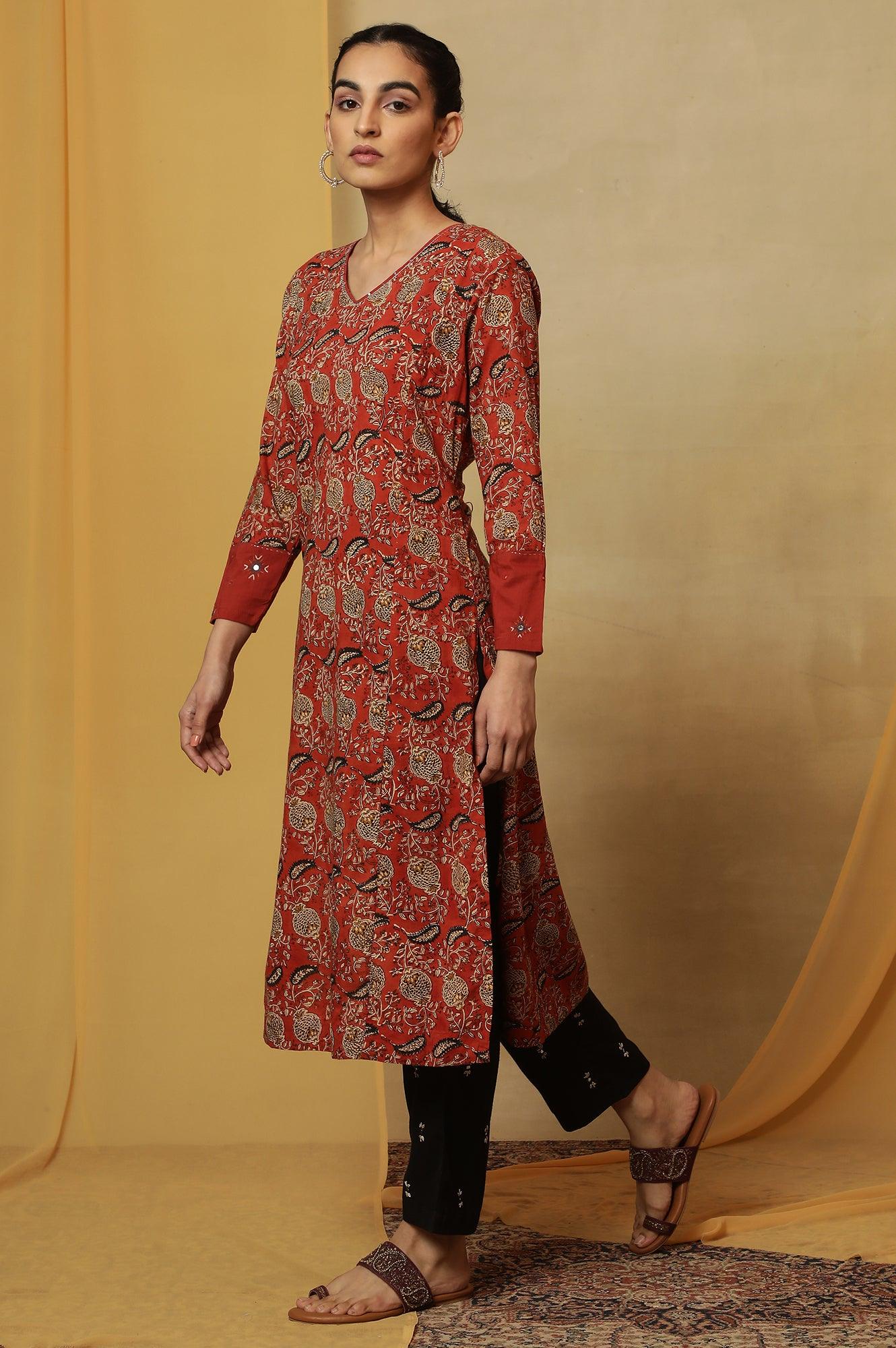 Red Handblock Print V-Neck Kurta - Image 5