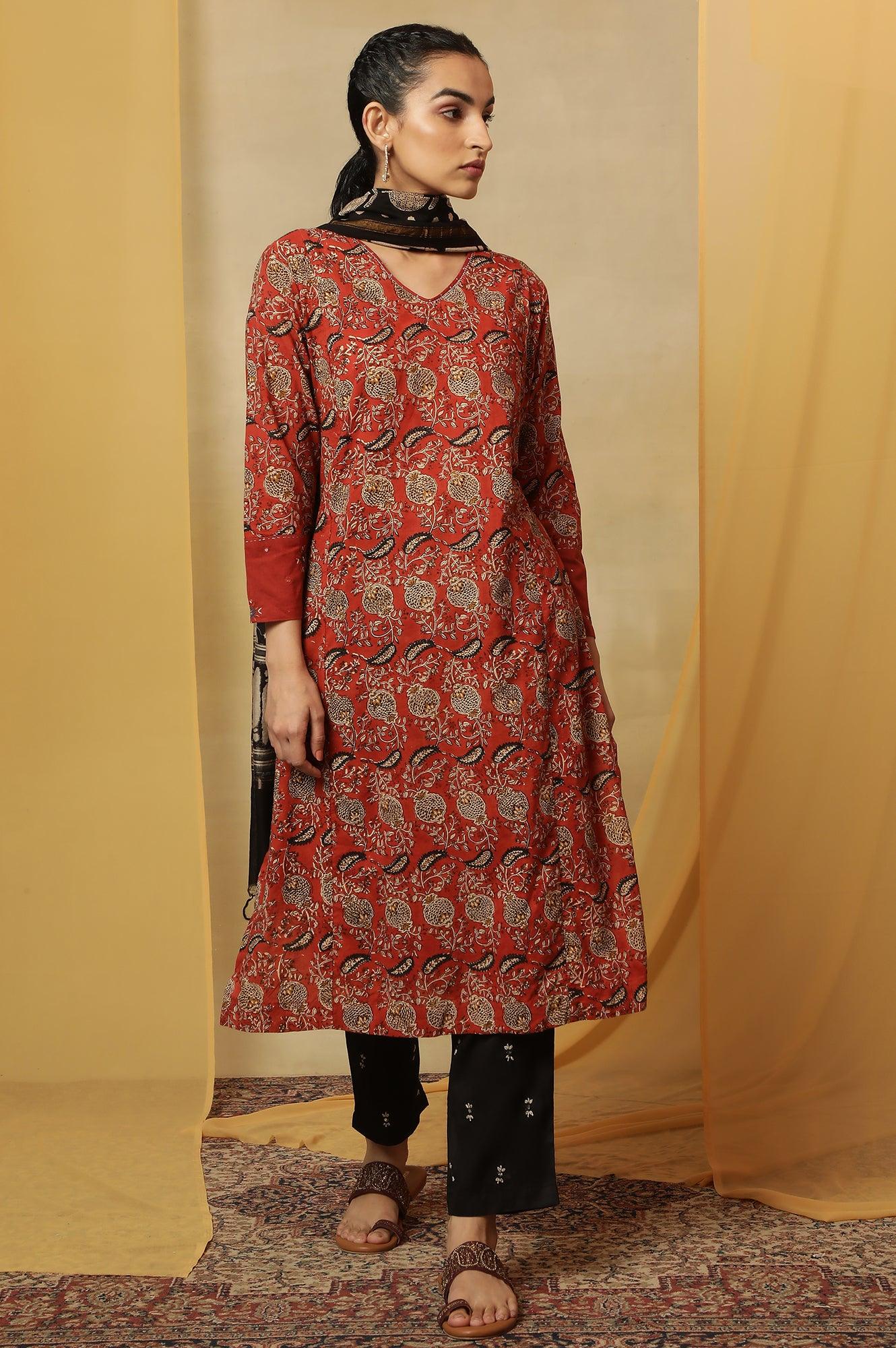 Red Handblock Print V-Neck Kurta - Image 6