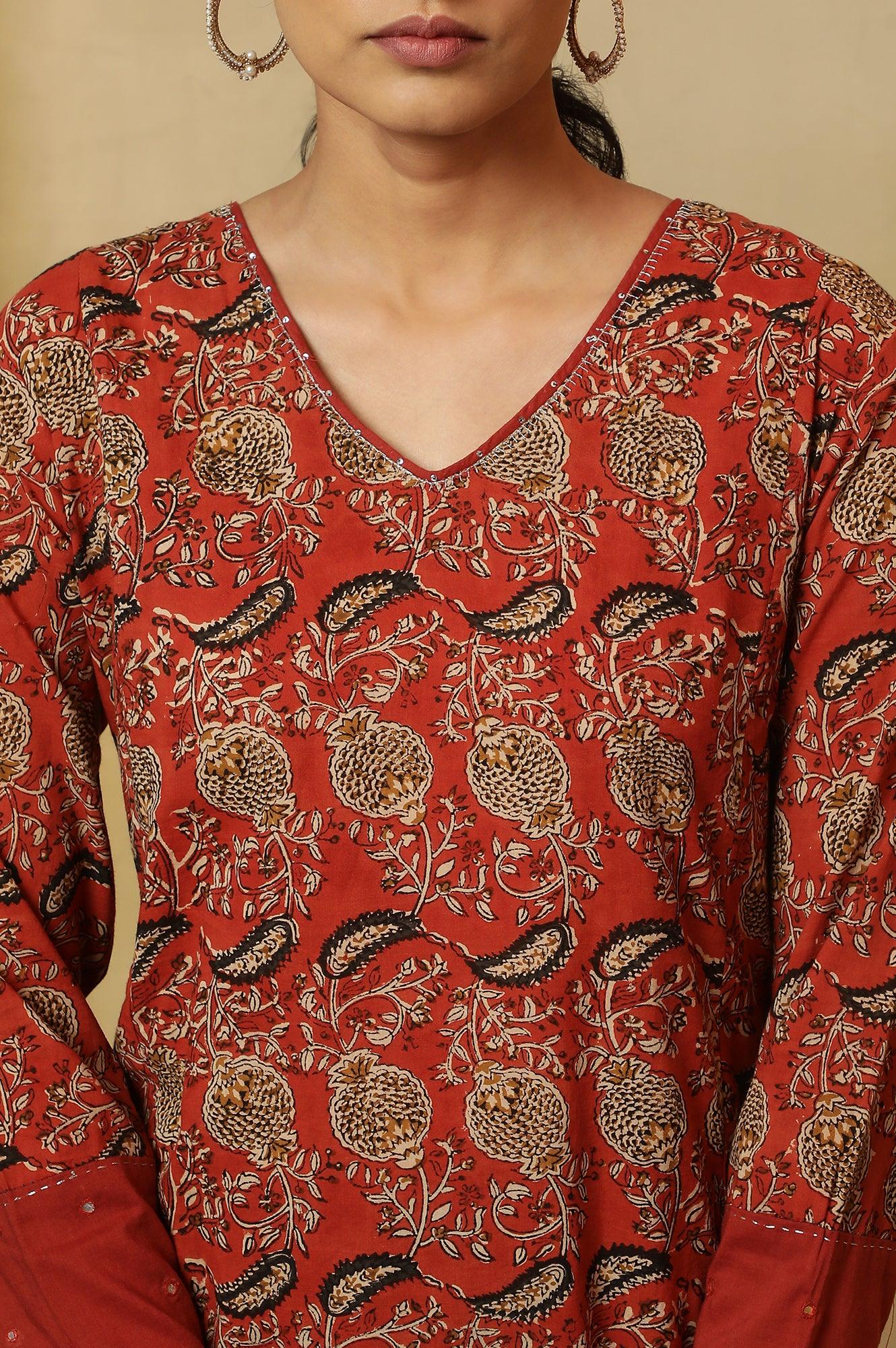 Red Handblock Print V-Neck Kurta - Image 8