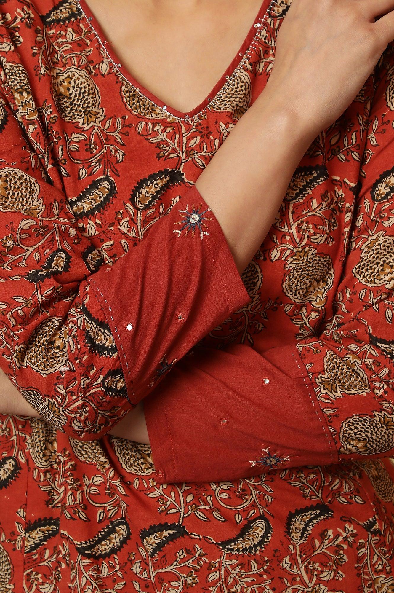 Red Handblock Print V-Neck Kurta - Image 9