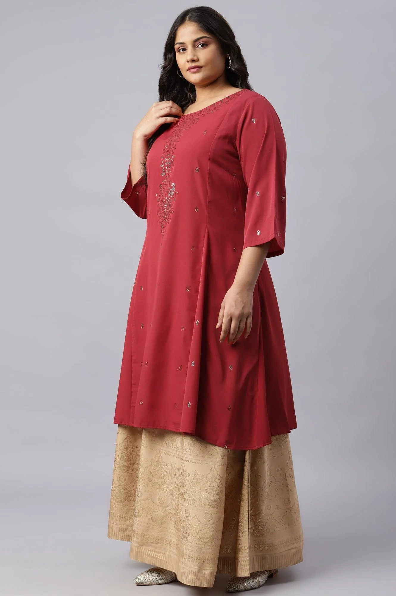 Red Mukaish Printed Plus Size kurta - Image 3