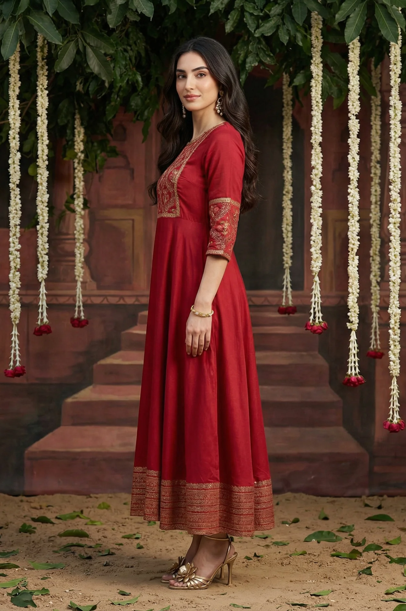 Red Panelled Embroidered Festive Dress - Image 3