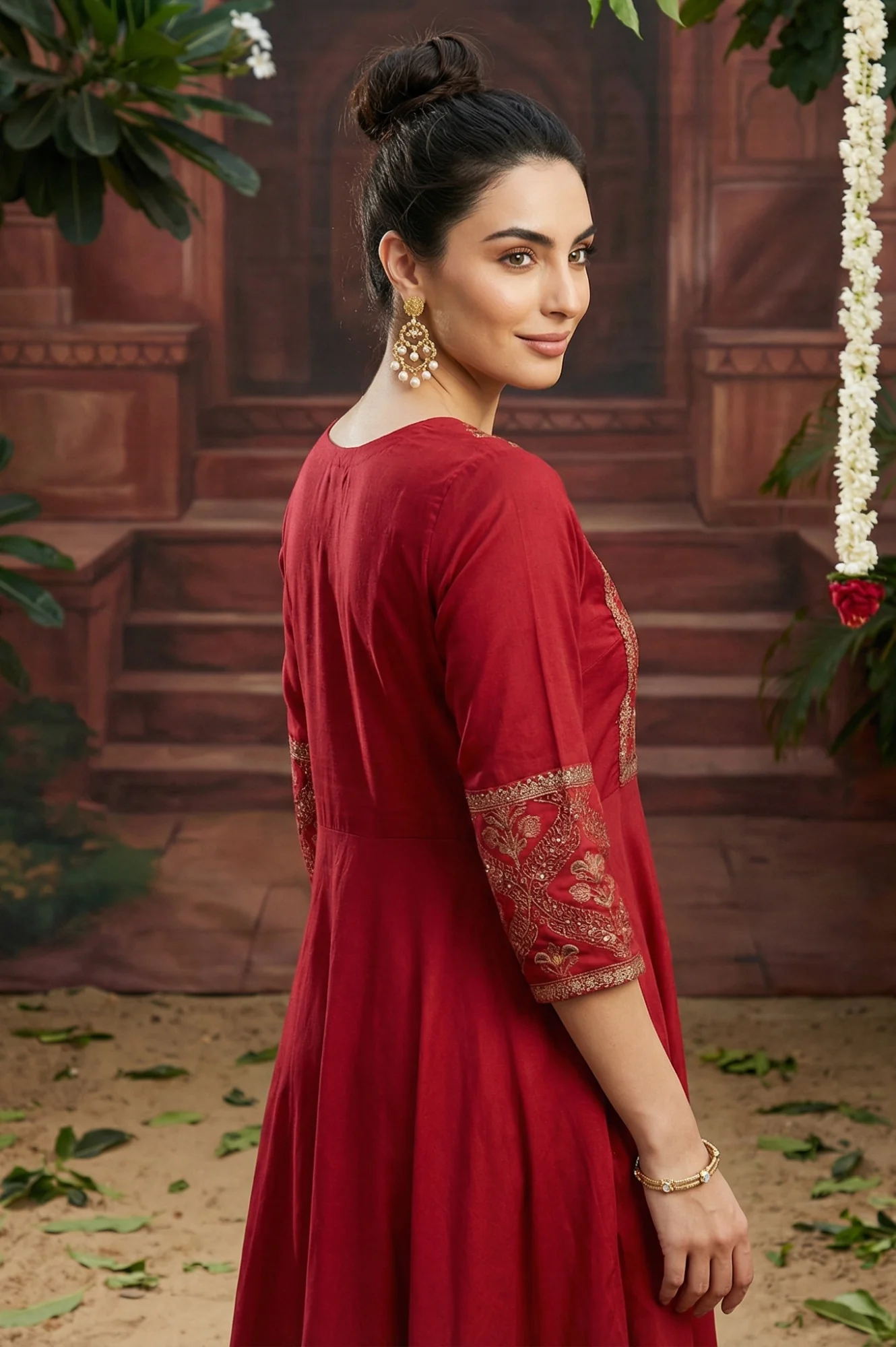 Red Panelled Embroidered Festive Dress - Image 4