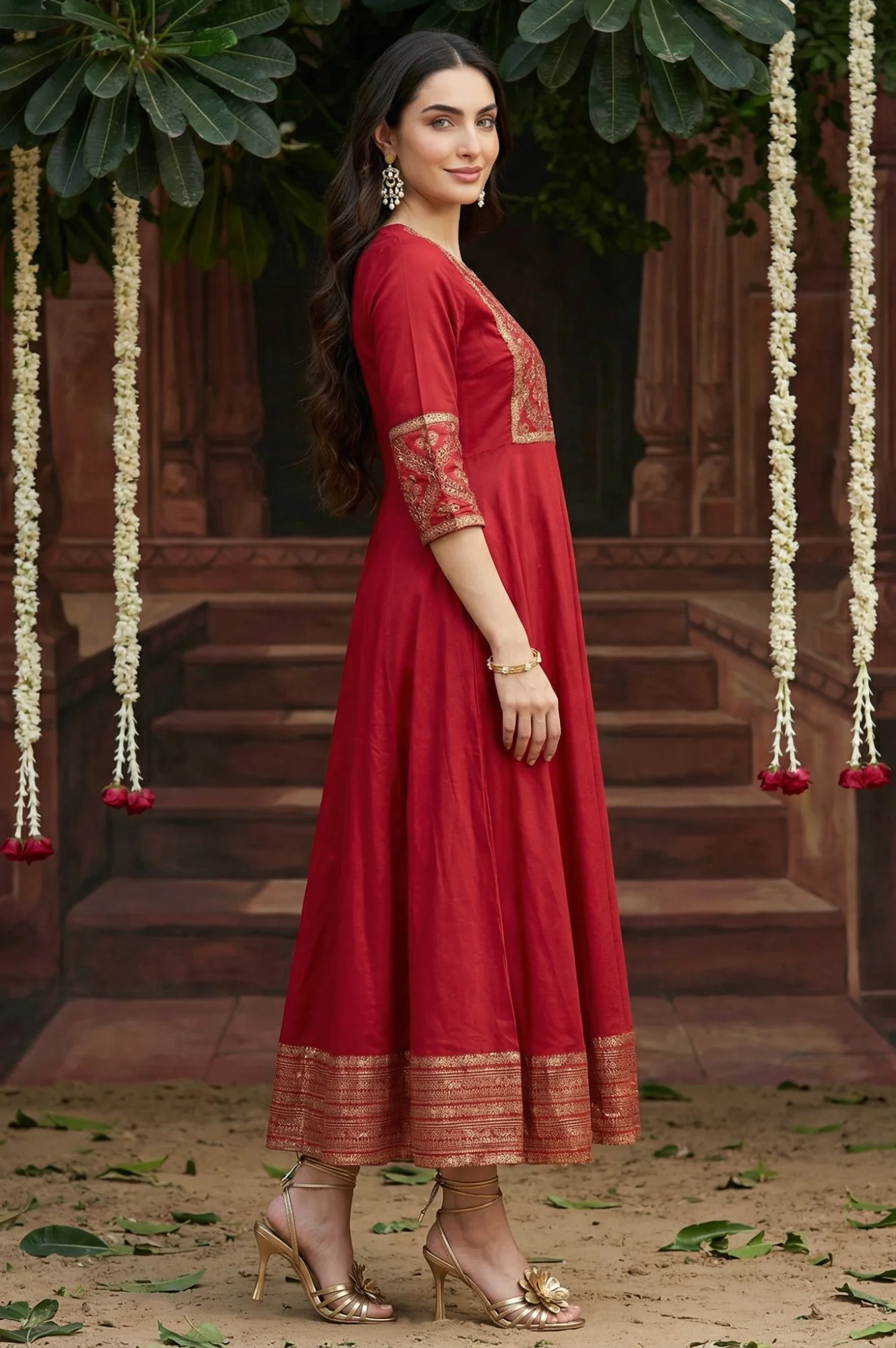 Red Panelled Embroidered Festive Dress - Image 5