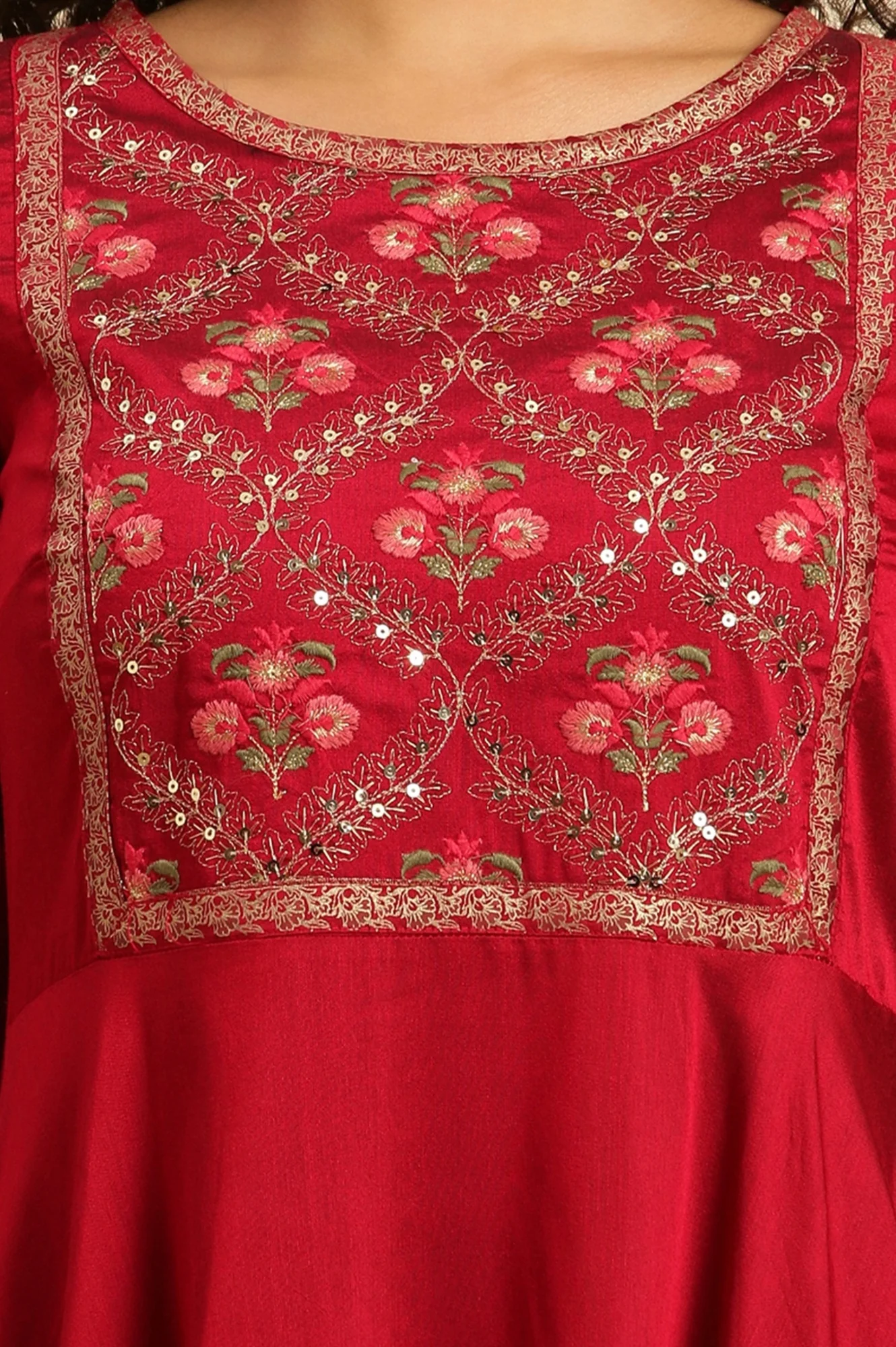 Red Panelled Embroidered Festive Dress - Image 6