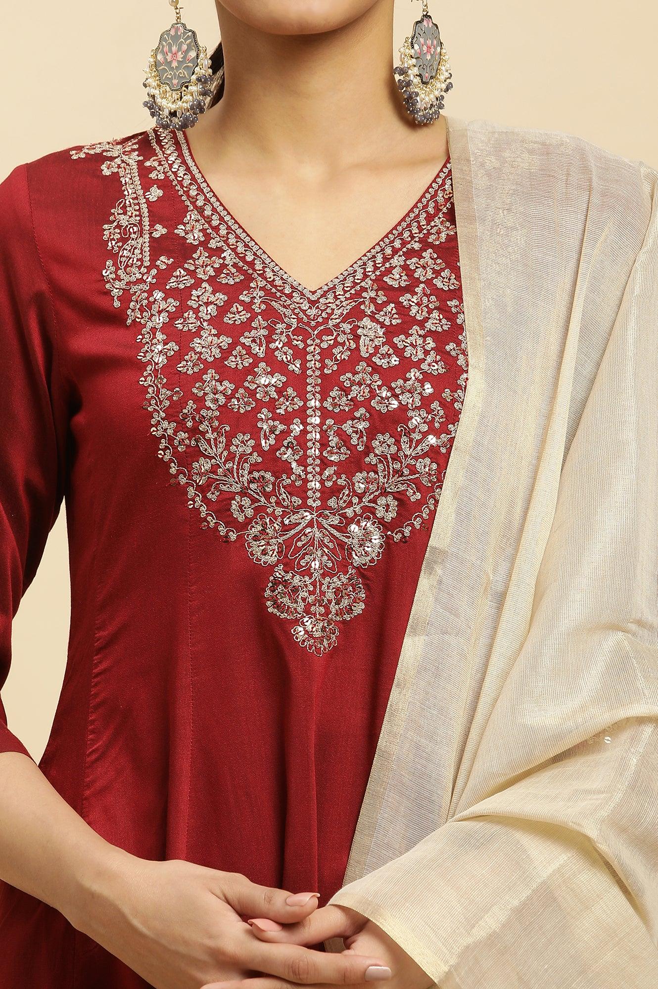 Red Panelled Embroidered Kurta, Slim Pants And Dupatta Set - Image 6