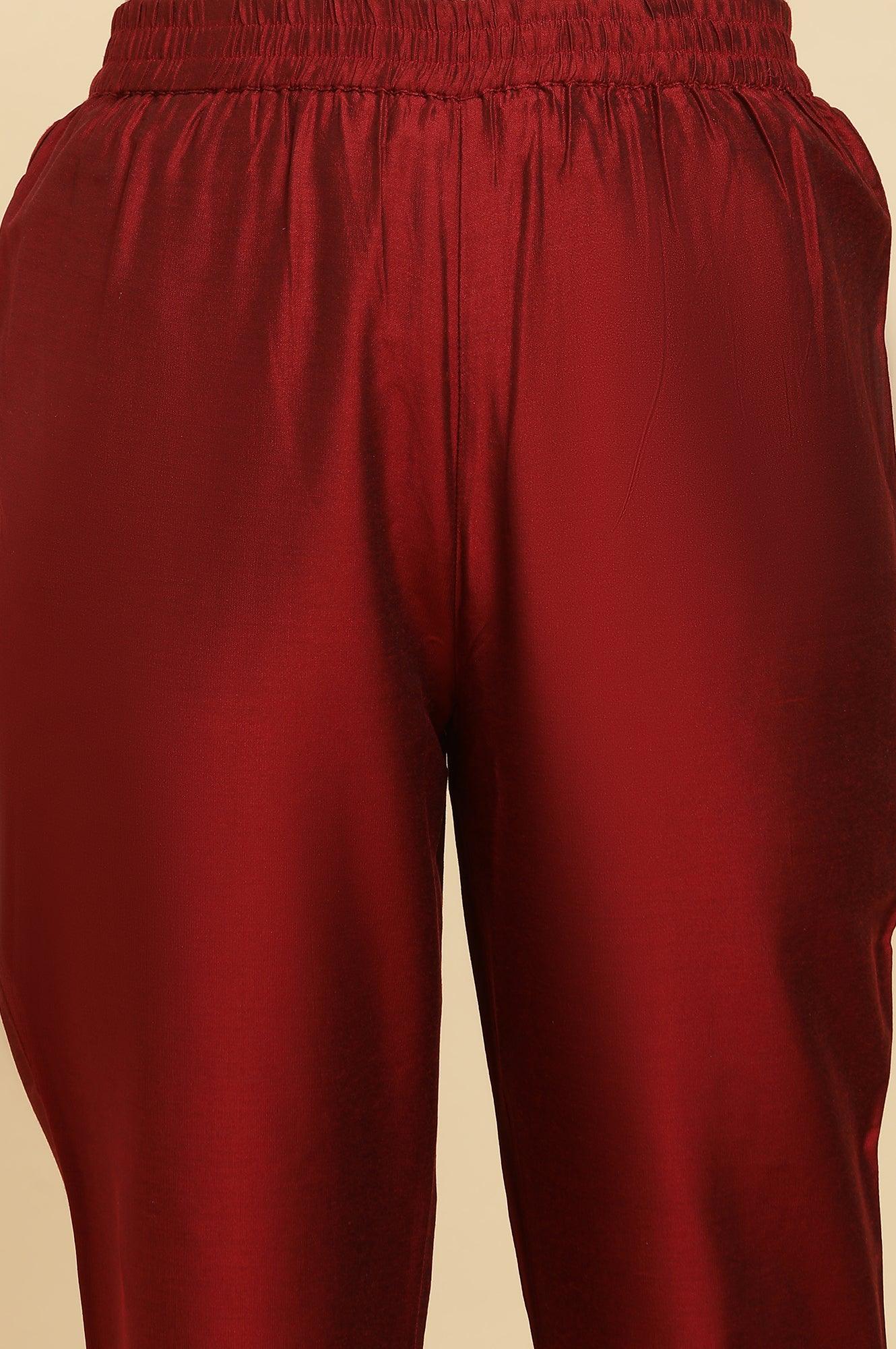 Red Panelled Embroidered Kurta, Slim Pants And Dupatta Set - Image 8