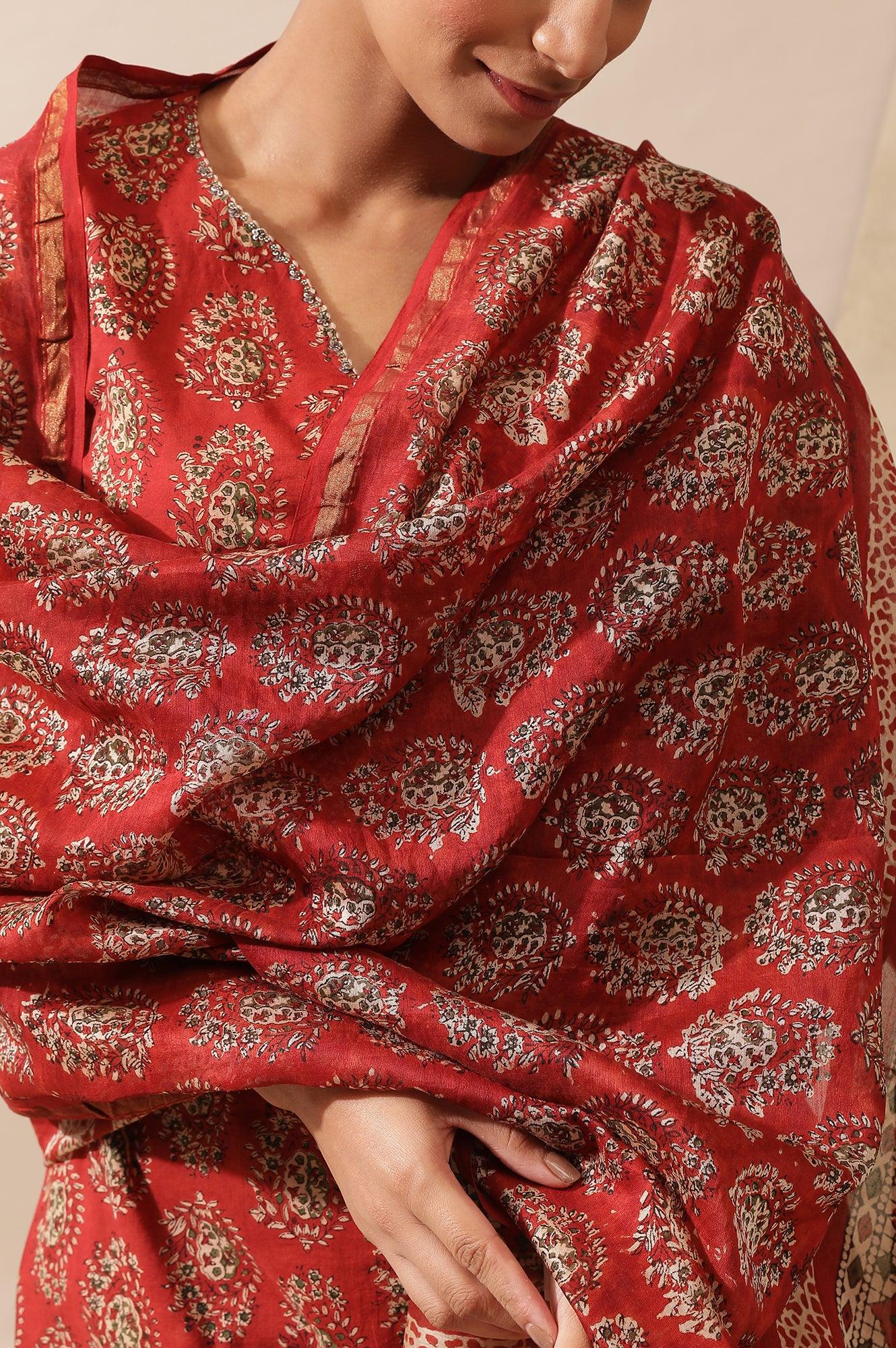 Red Printed Cotton Silk Drape - Image 4