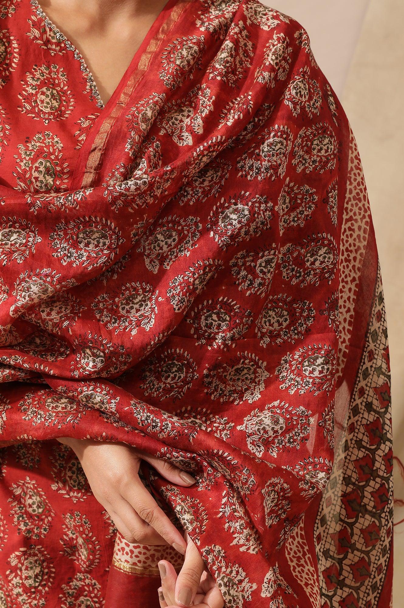 Red Printed Cotton Silk Drape - Image 5