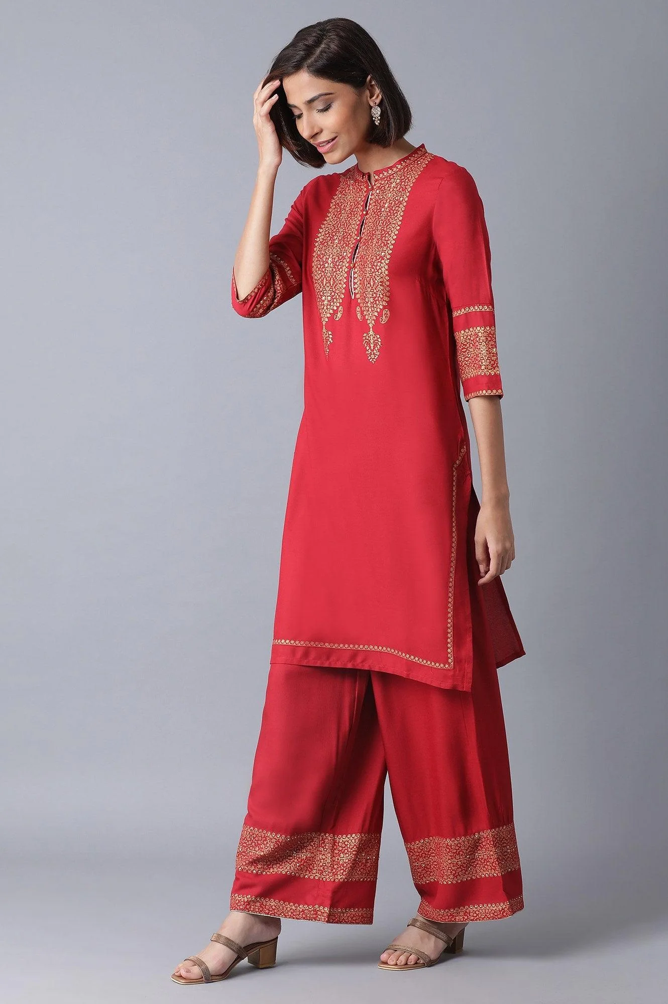 Red Printed kurta-Parallel Pant Set - Image 3