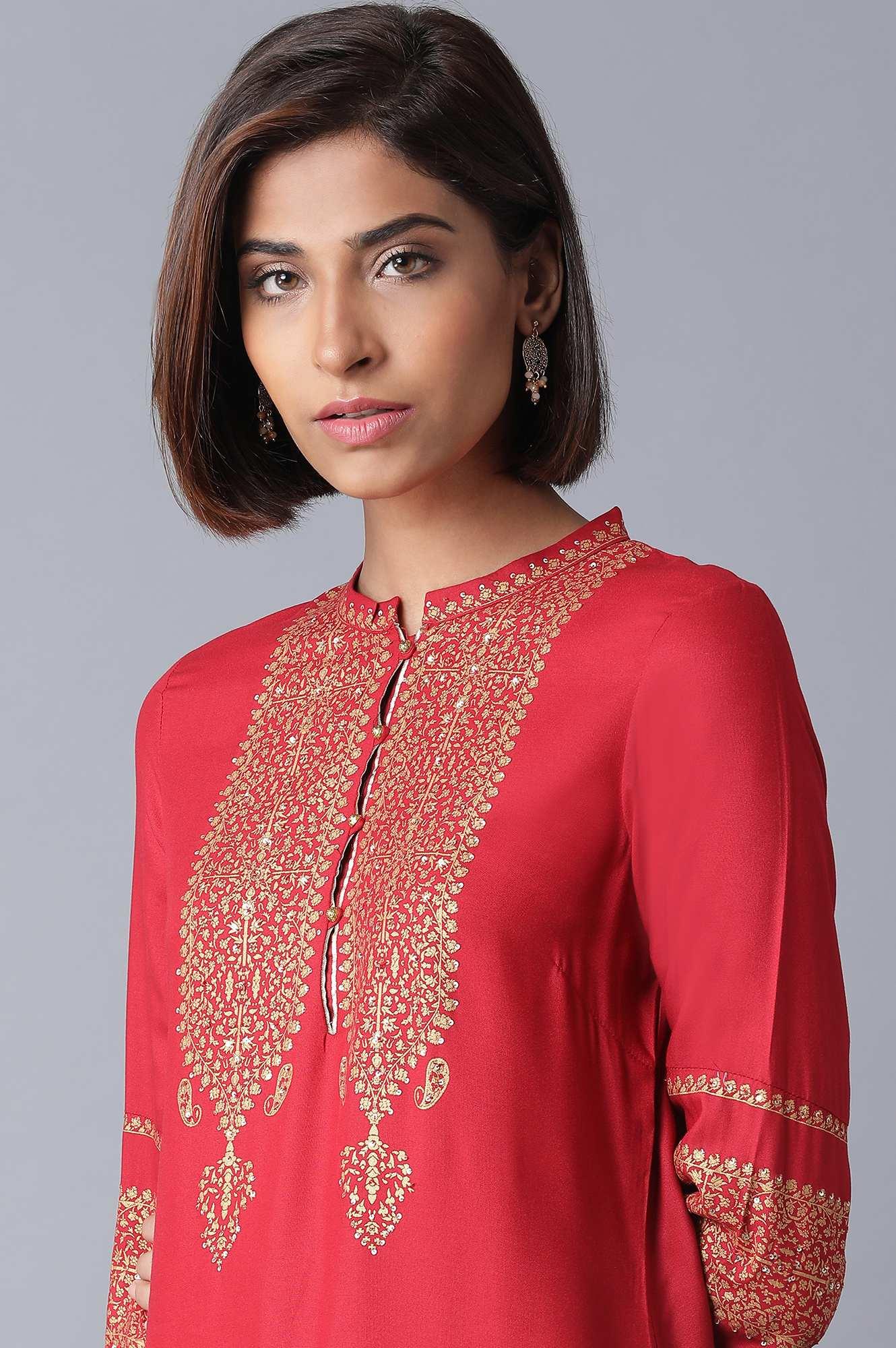 Red Printed kurta-Parallel Pant Set - Image 5
