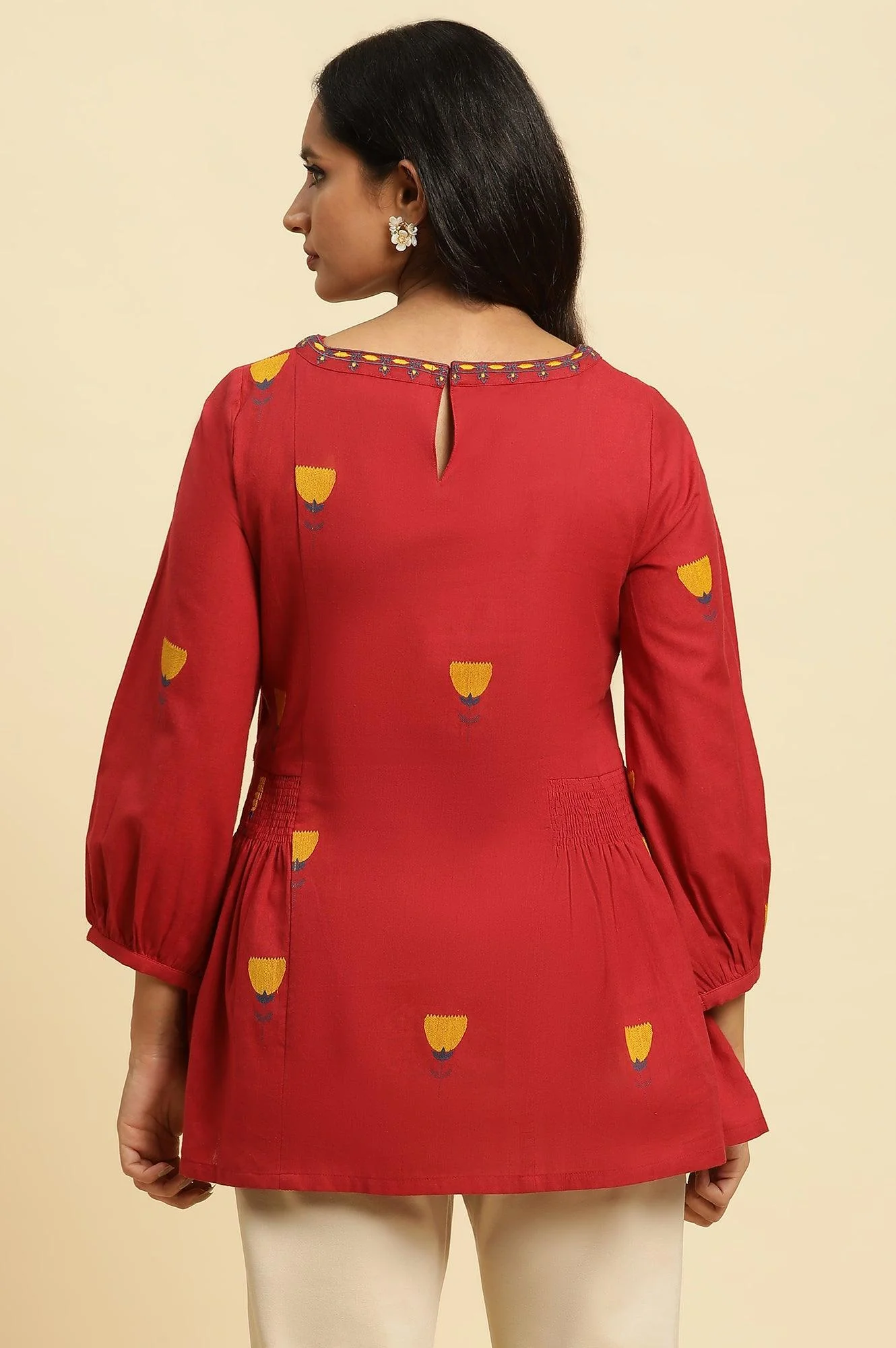 Red Yarn Dyed Smocked Peplum Top - Image 3