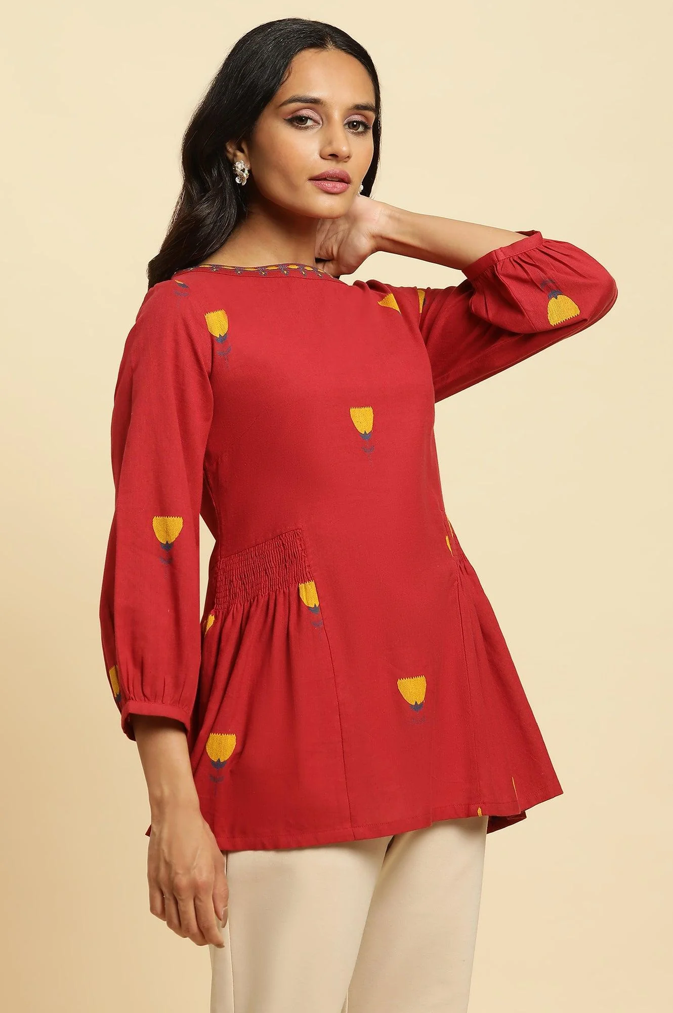 Red Yarn Dyed Smocked Peplum Top - Image 4