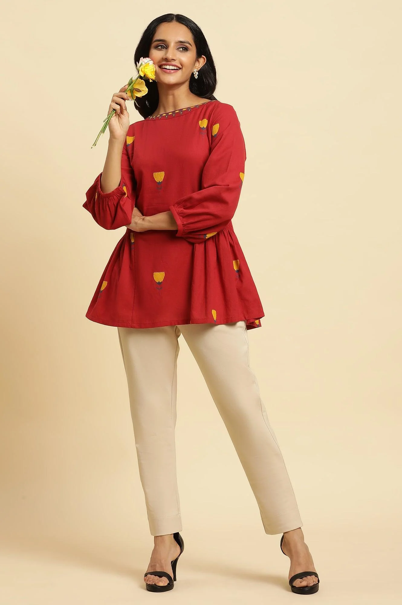 Red Yarn Dyed Smocked Peplum Top - Image 5