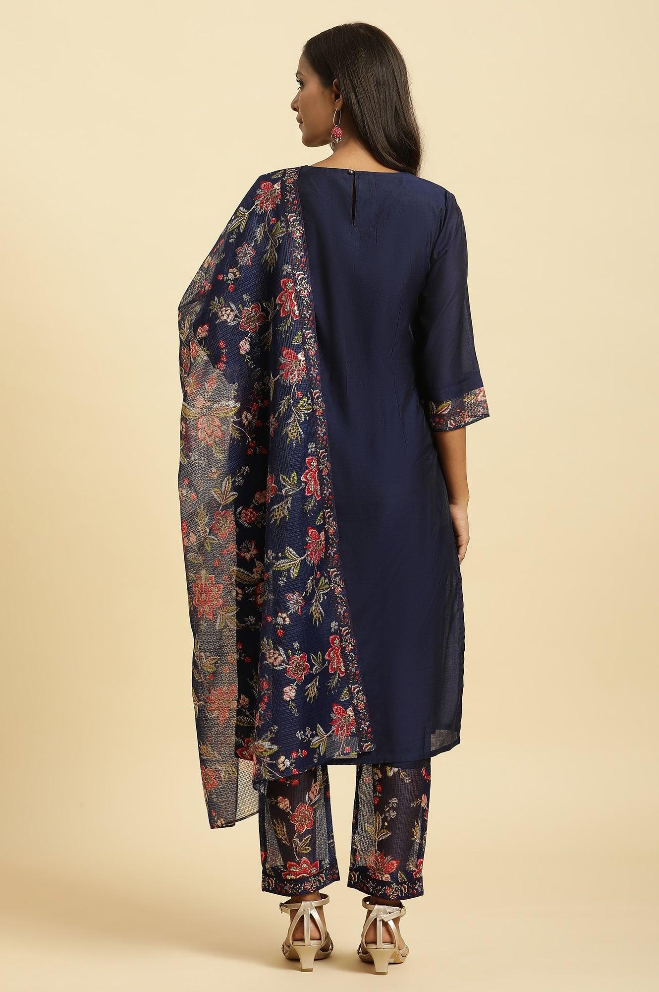 Royal Blue Embroidered Kurta, Pants And Dupatta Set - Image 5