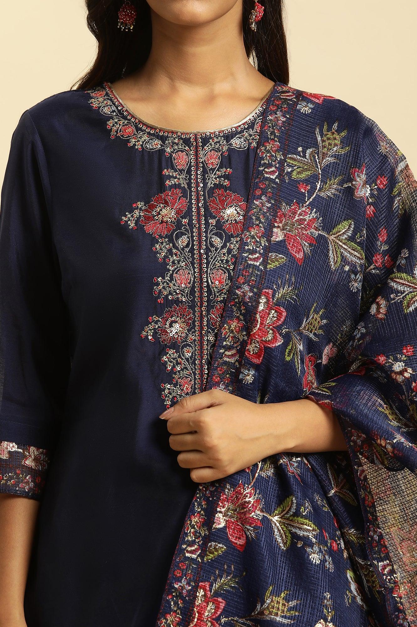 Royal Blue Embroidered Kurta, Pants And Dupatta Set - Image 7