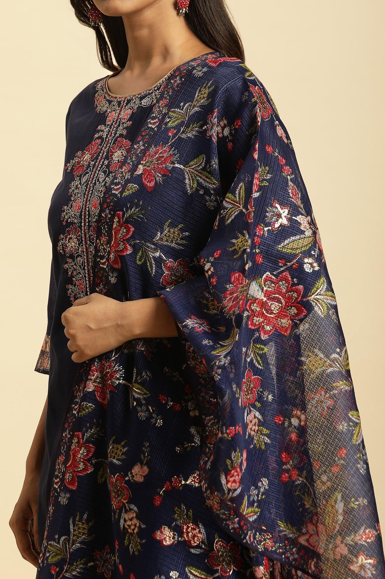 Royal Blue Embroidered Kurta, Pants And Dupatta Set - Image 8