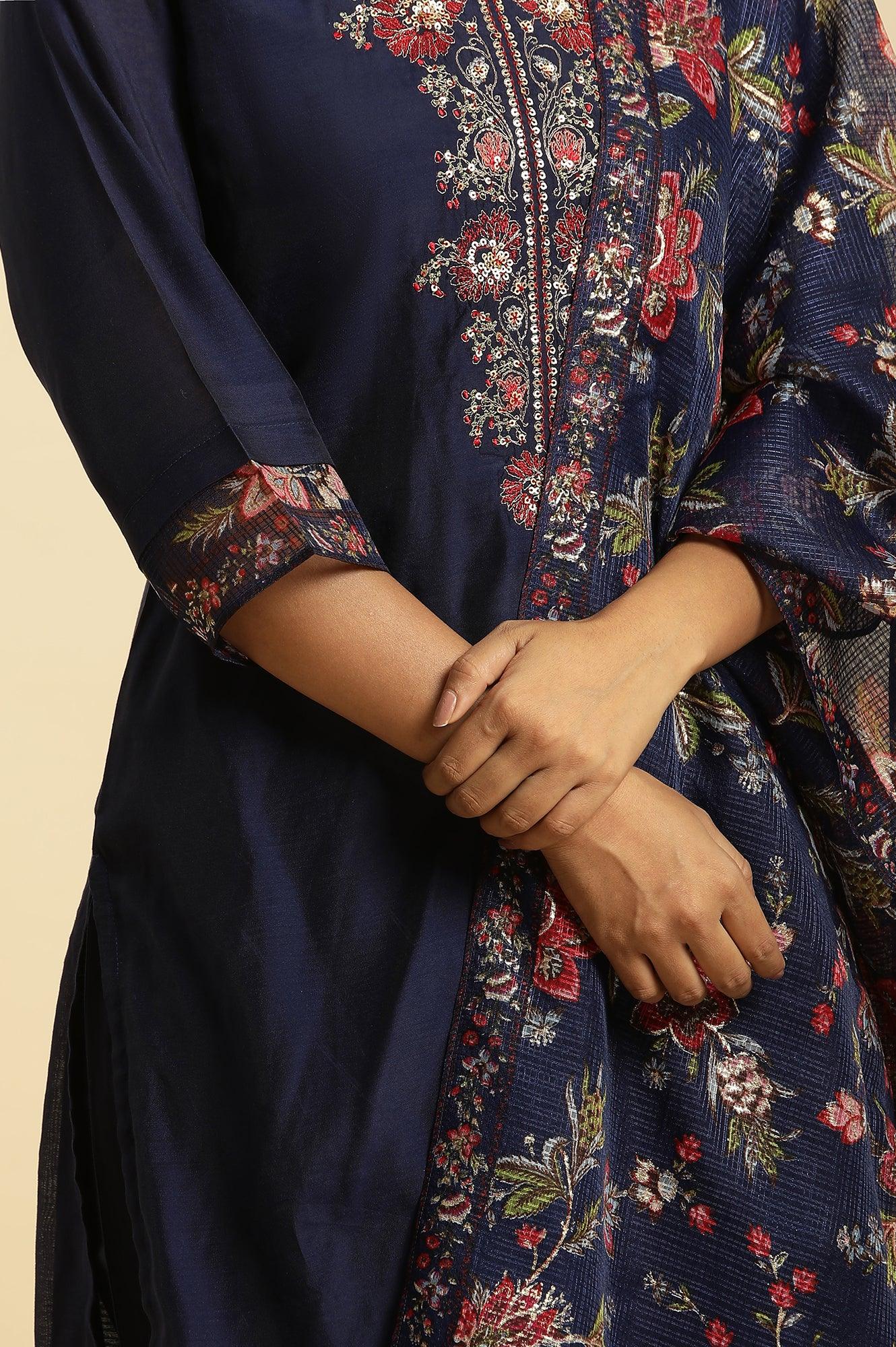 Royal Blue Embroidered Kurta, Pants And Dupatta Set - Image 9