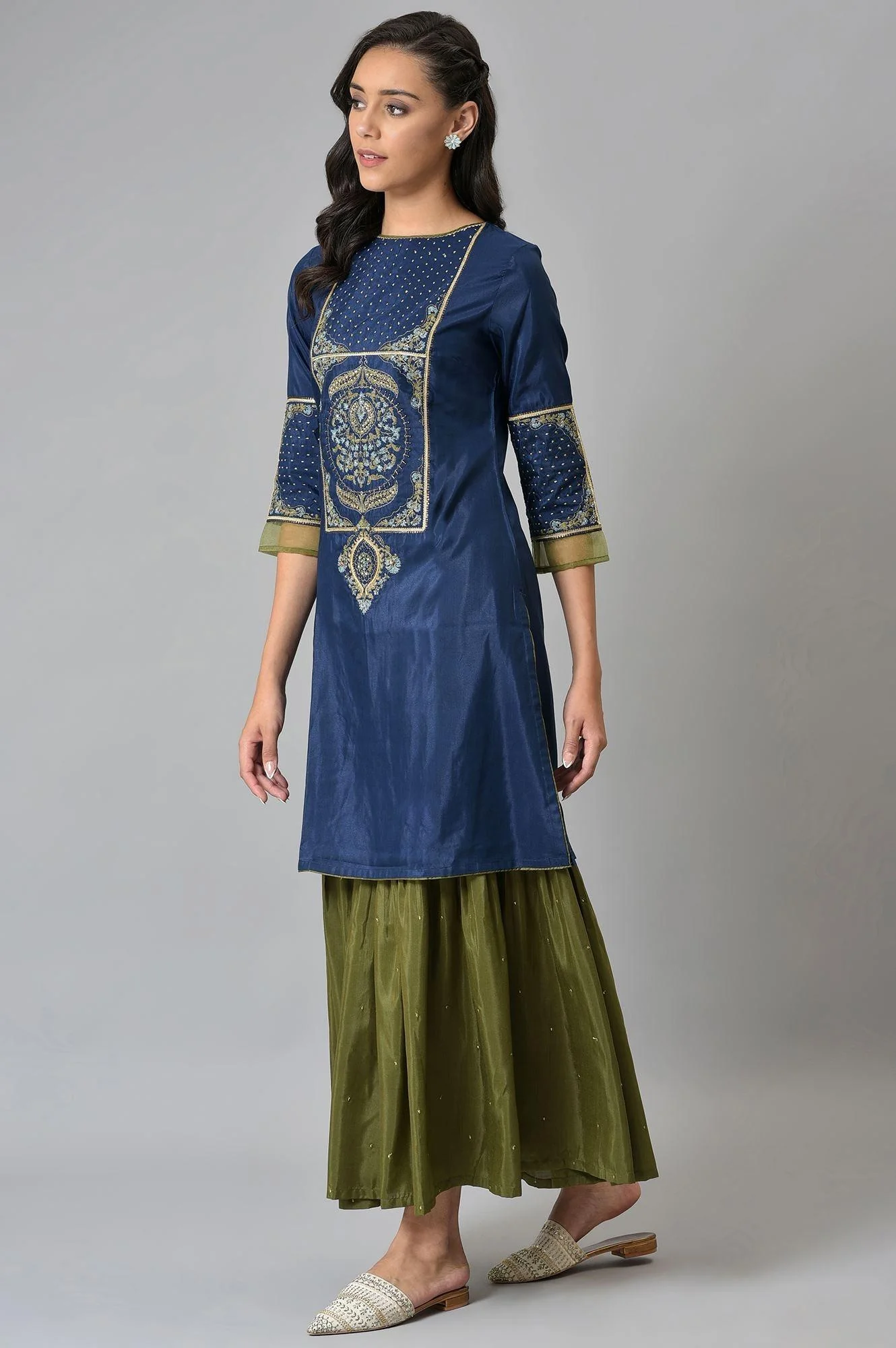 Royal Blue Embroidered kurta With Olive Green Sharara And Dupatta - Image 3