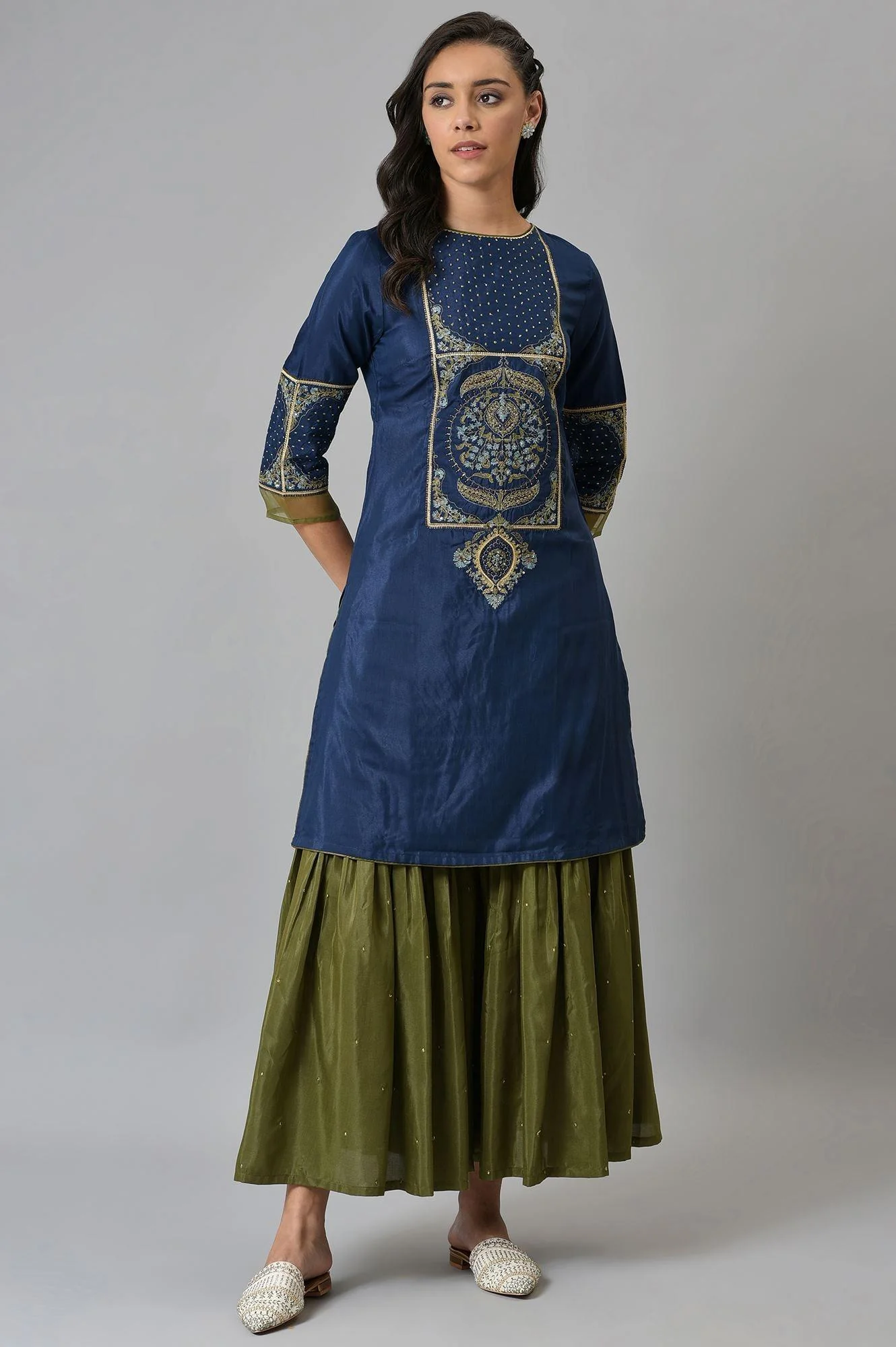 Royal Blue Embroidered kurta With Olive Green Sharara And Dupatta - Image 5