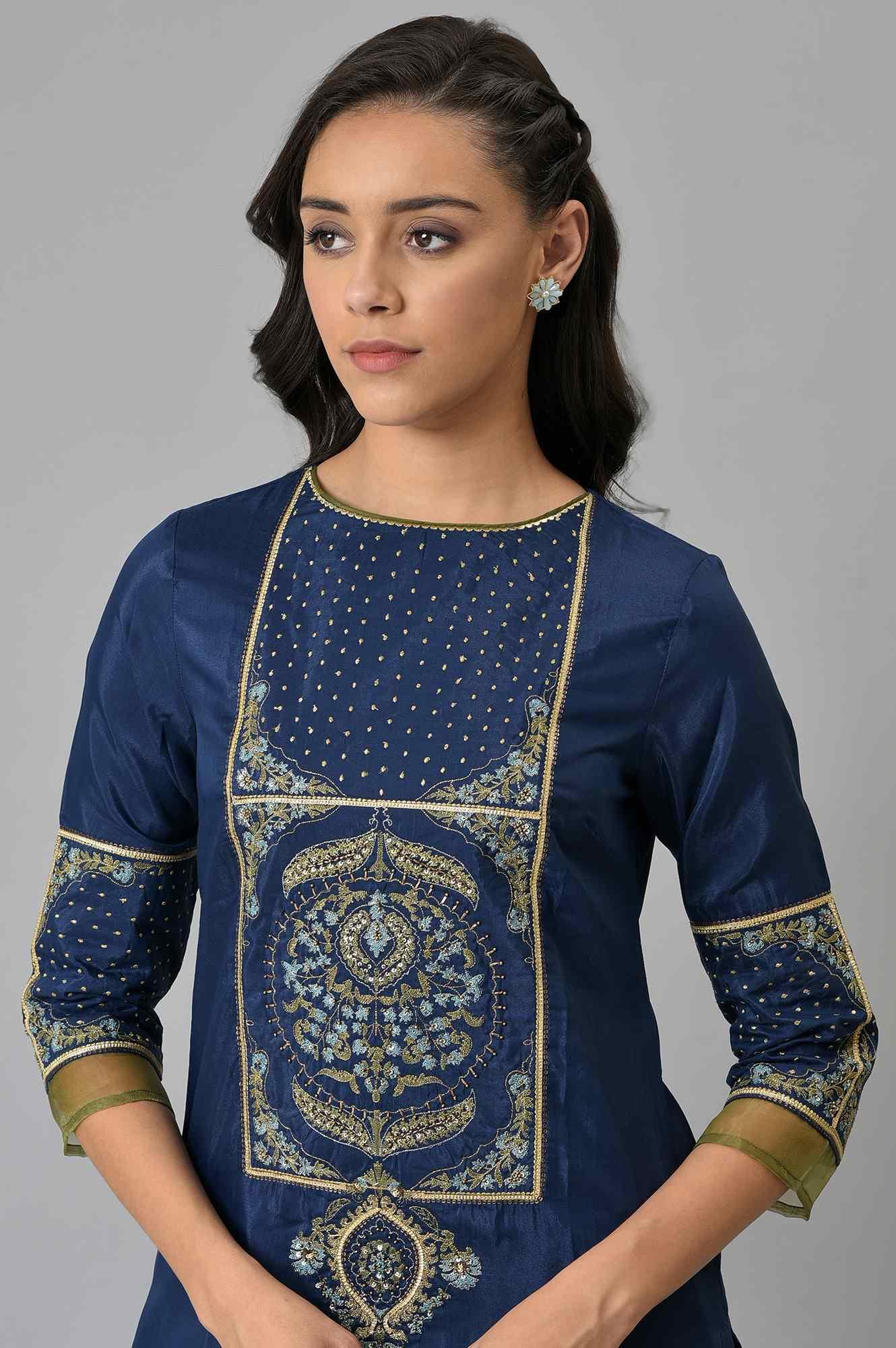 Royal Blue Embroidered kurta With Olive Green Sharara And Dupatta - Image 6