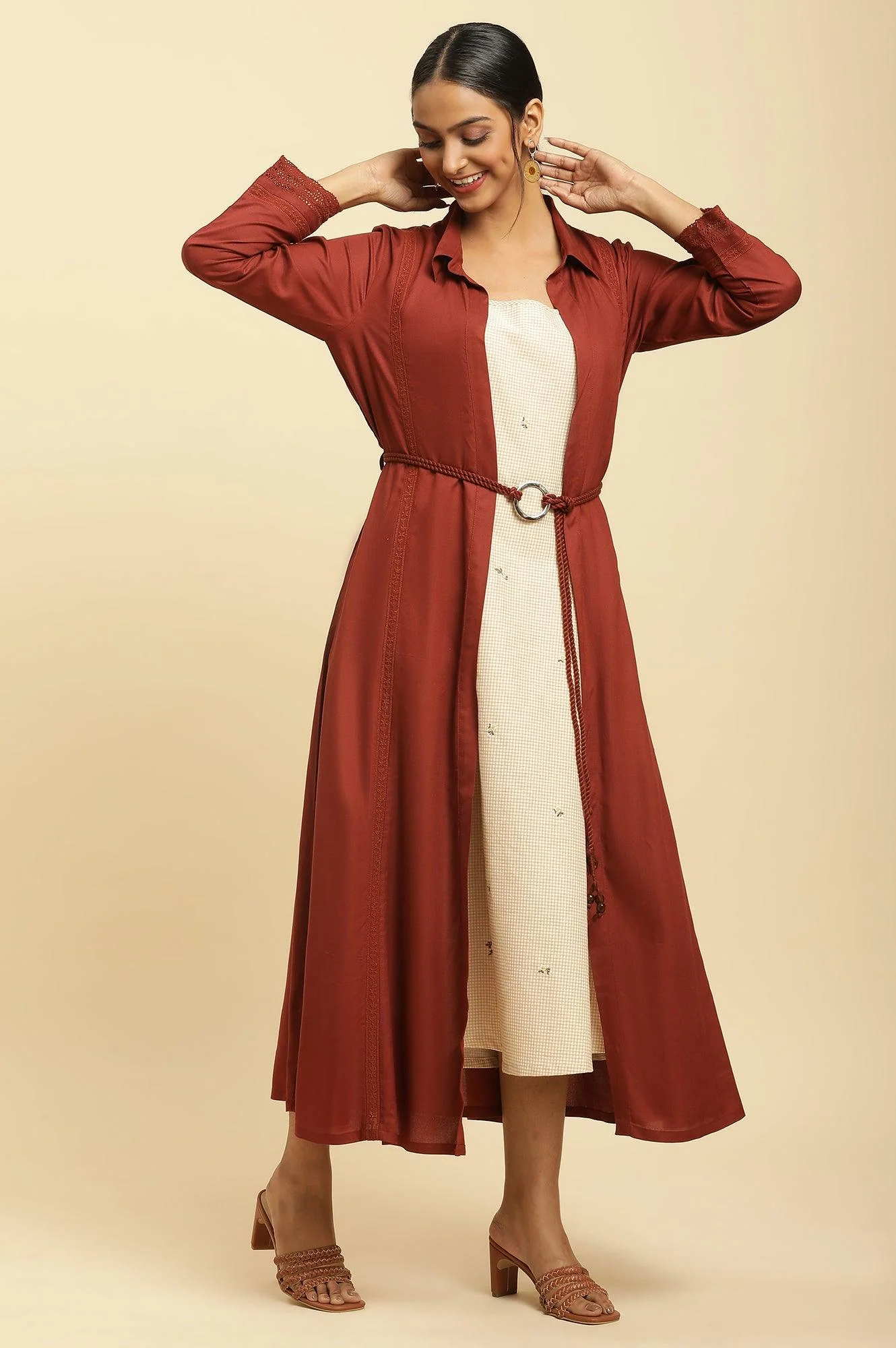 Rust Red Front Open Jacket And Strappy Dress Set - Image 4