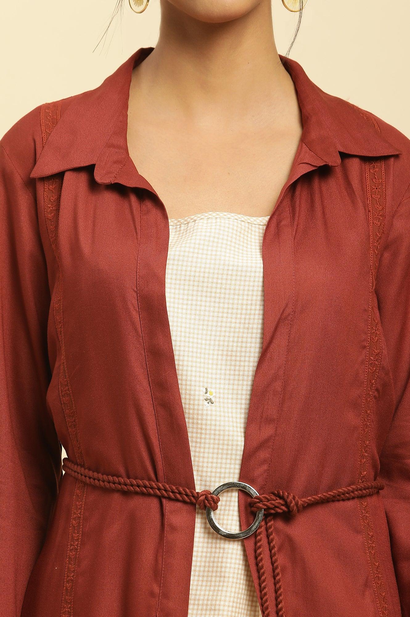Rust Red Front Open Jacket And Strappy Dress Set - Image 6
