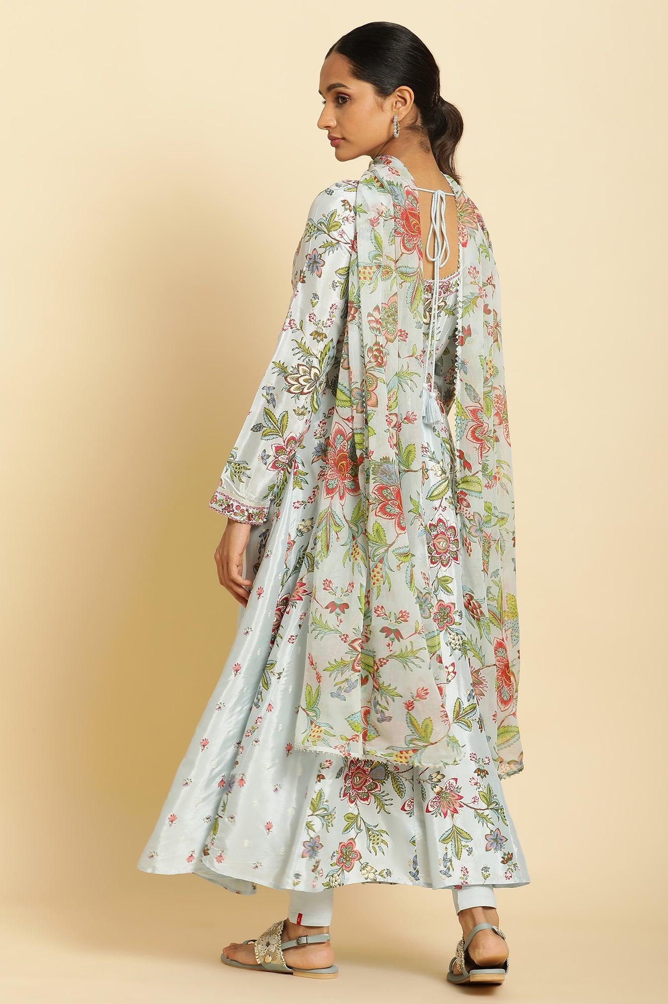 Sky Blue Floral Printed A-Line Kurta, Tights And Dupatta Set - Image 3