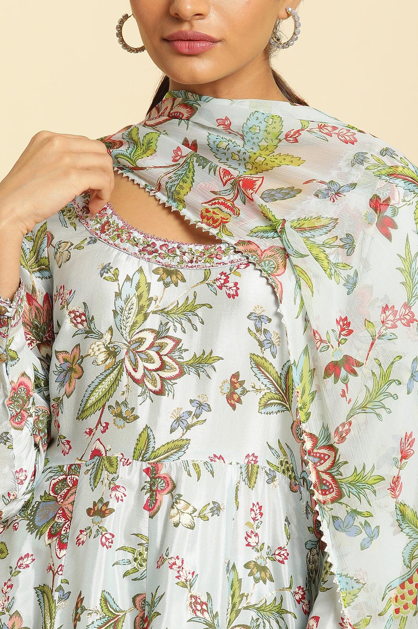 Sky Blue Floral Printed A-Line Kurta, Tights And Dupatta Set - Image 6