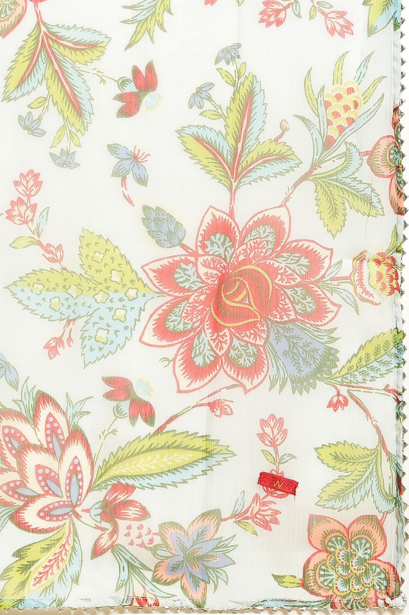 Sky Blue Floral Printed A-Line Kurta, Tights And Dupatta Set - Image 9
