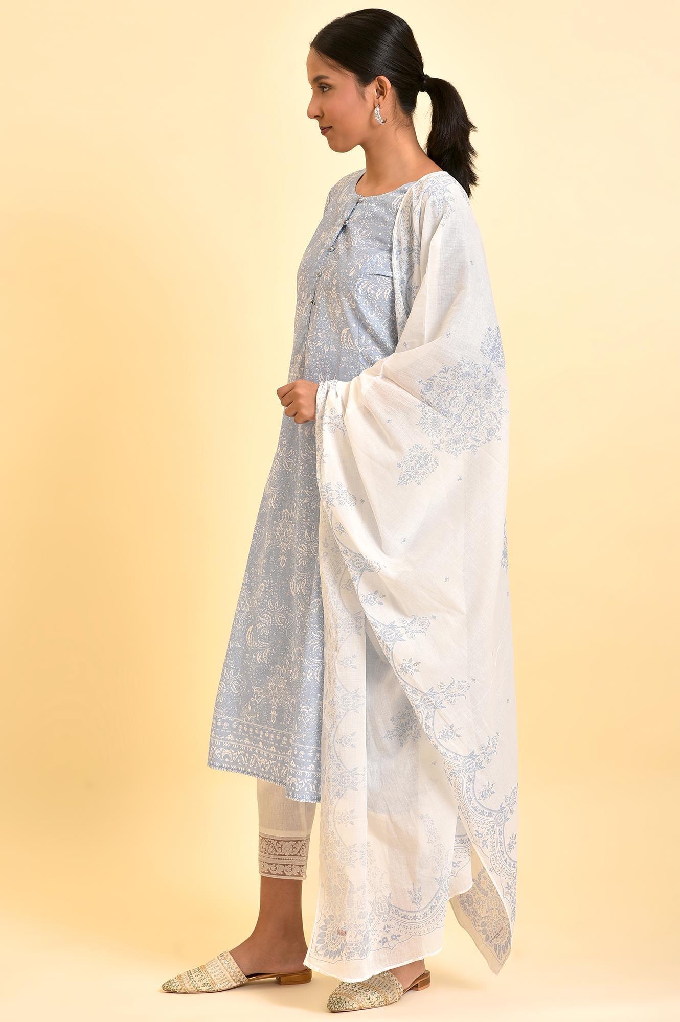 Skyway Blue Printed A-Line Kurta, Pants And Dupatta Set - Image 4